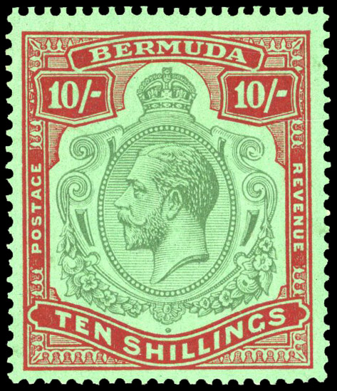 BERMUDA: 1930 10s green and red on deep emerald, showing R1/9 ‘break through scroll’ variety, fine o.g. SG 92gd 