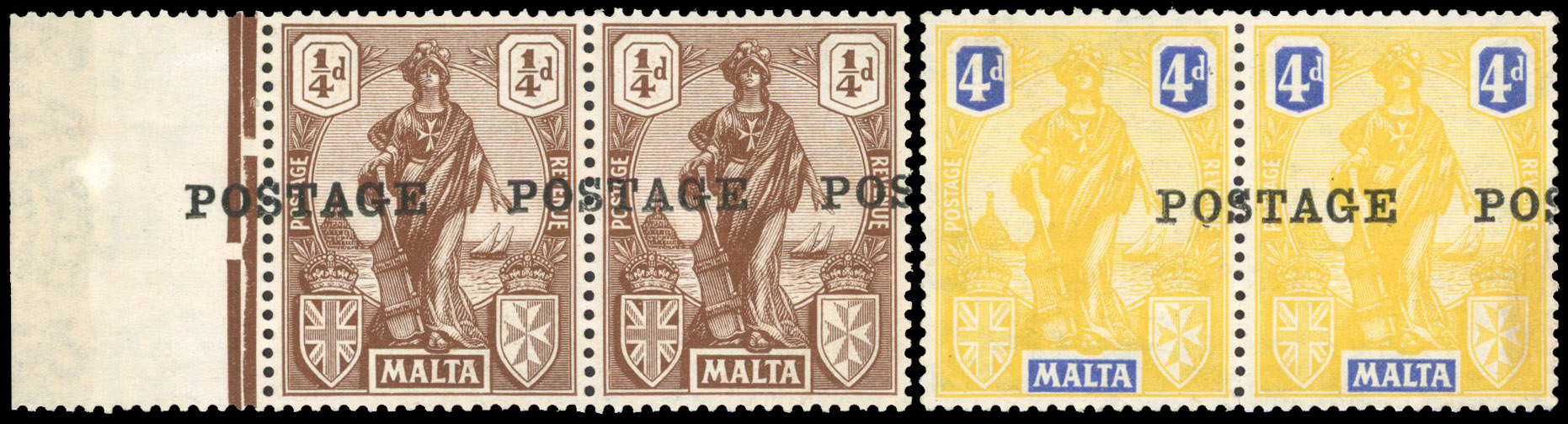Malta 1926 Postage ¼d, 4d pairs with misplaced overprint