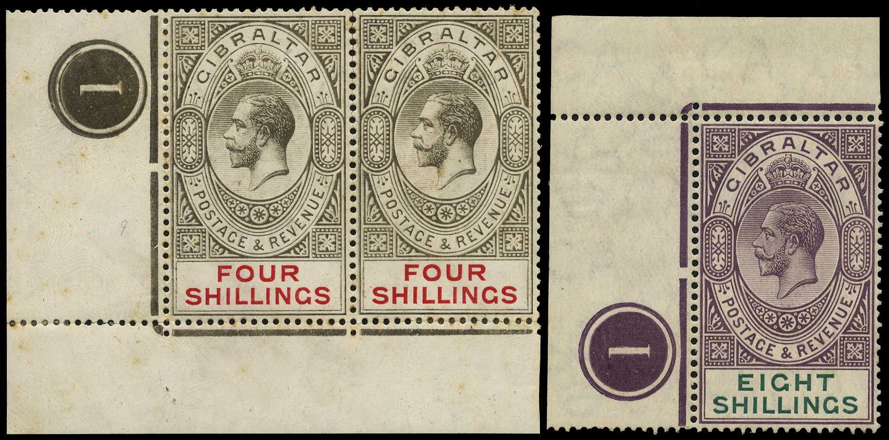 1912 4/- black and carmine lower left corner...