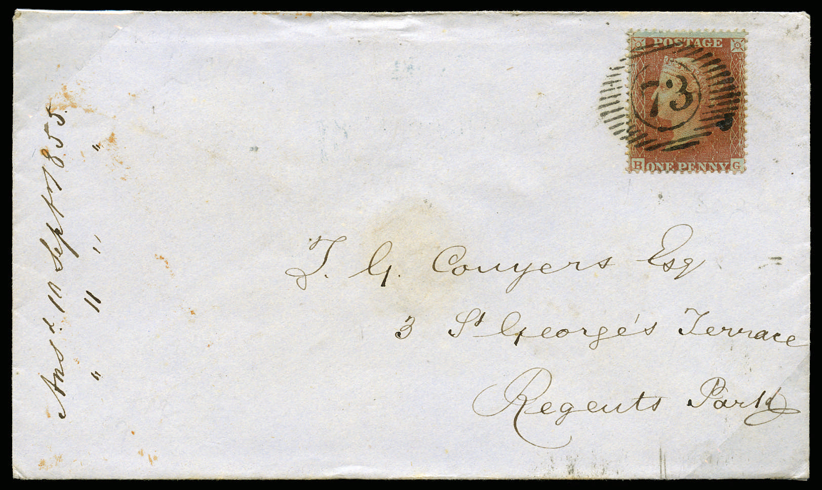 SG26 1855 1d Red brown Pl.9 local London cover