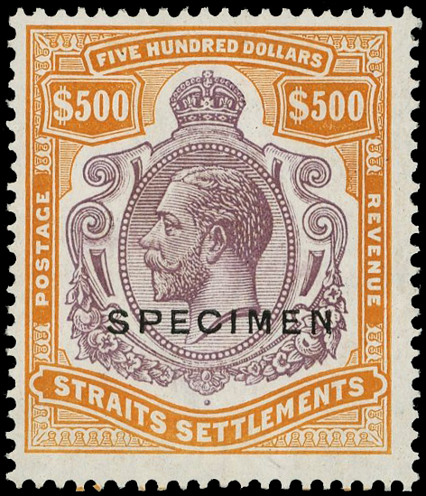 MALAYA STRAITS SG 240ds 1921-33 Script $500 "SPECIMEN", lpog
