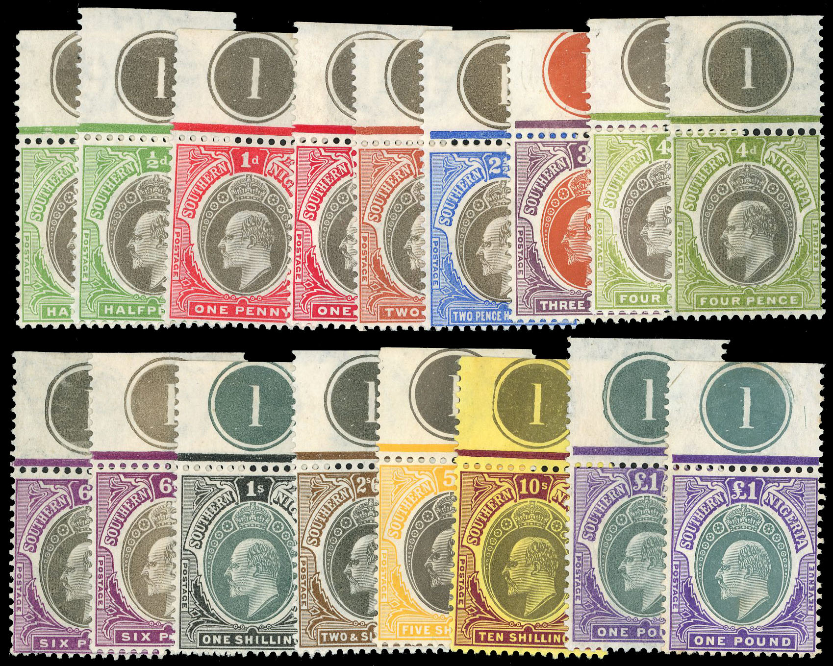Southern Nigeria 1904 SG21/32a Mint KEVII set of 17 to £1 x2 with plate numbers