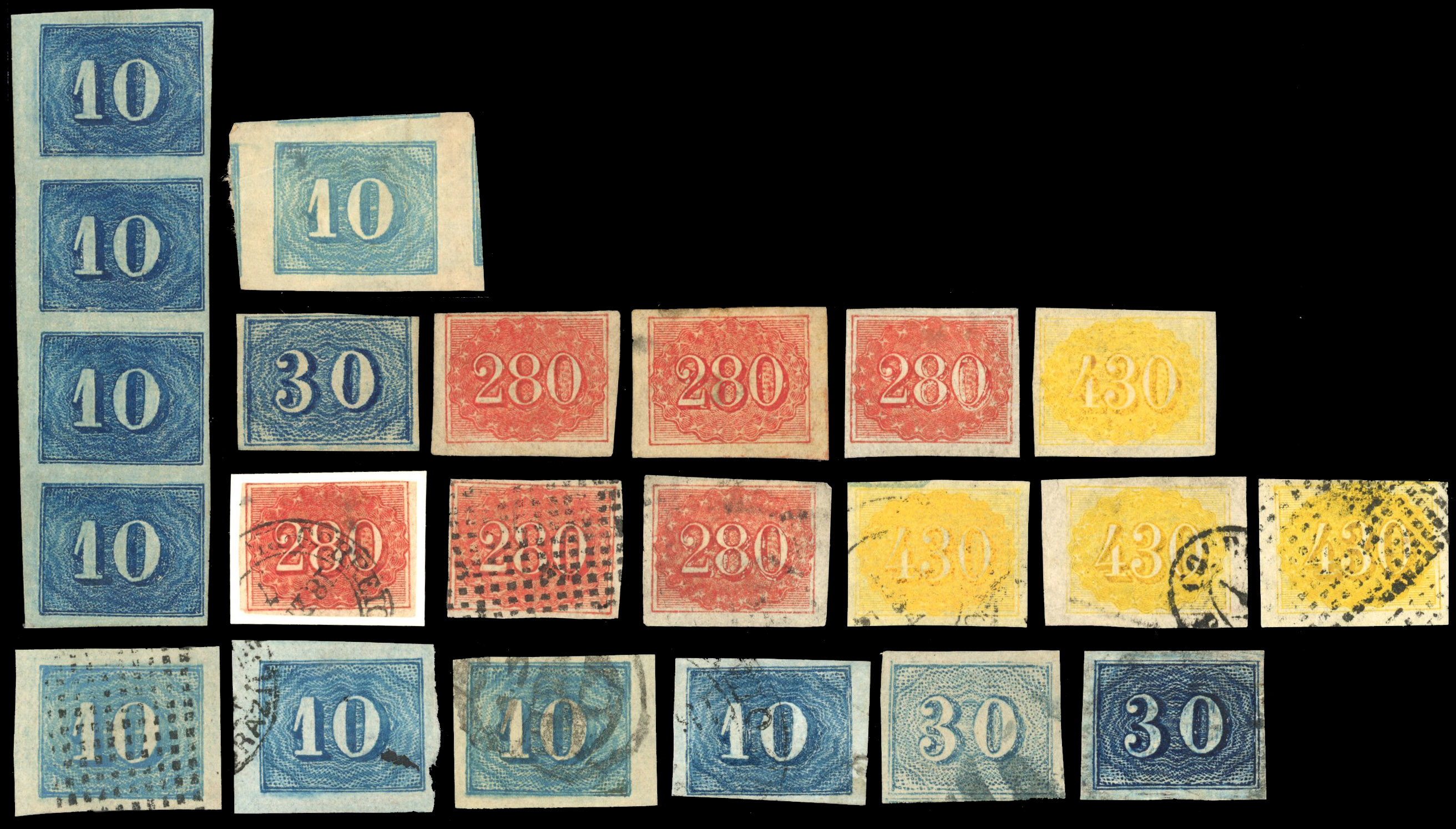 Brazil 1854-61 Vertical Colour Numerals duplicated unused and used group