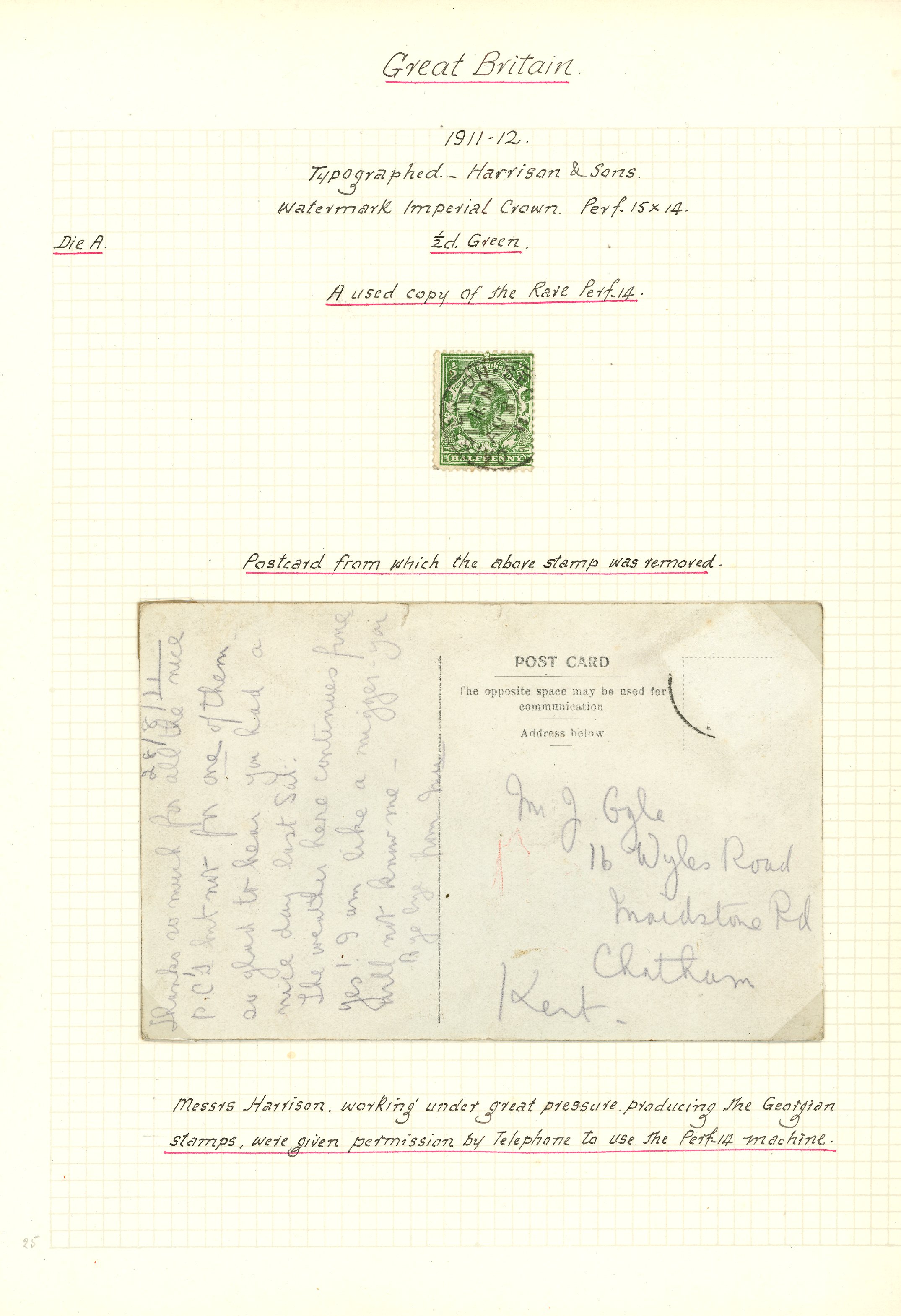 1911 ½d green Die A, Perf 14 error, used cancelled by Caister-on-Sea cds