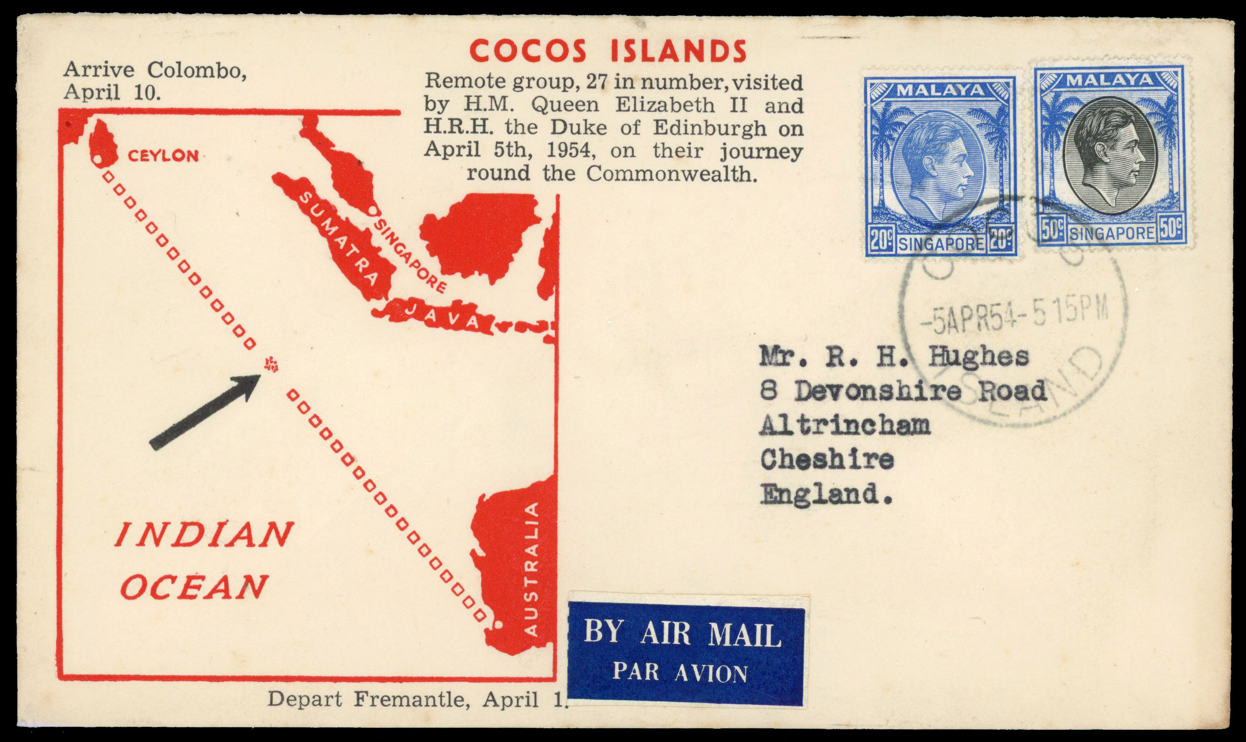 Singapore Cocos Islands 1954 Royal Visit cover