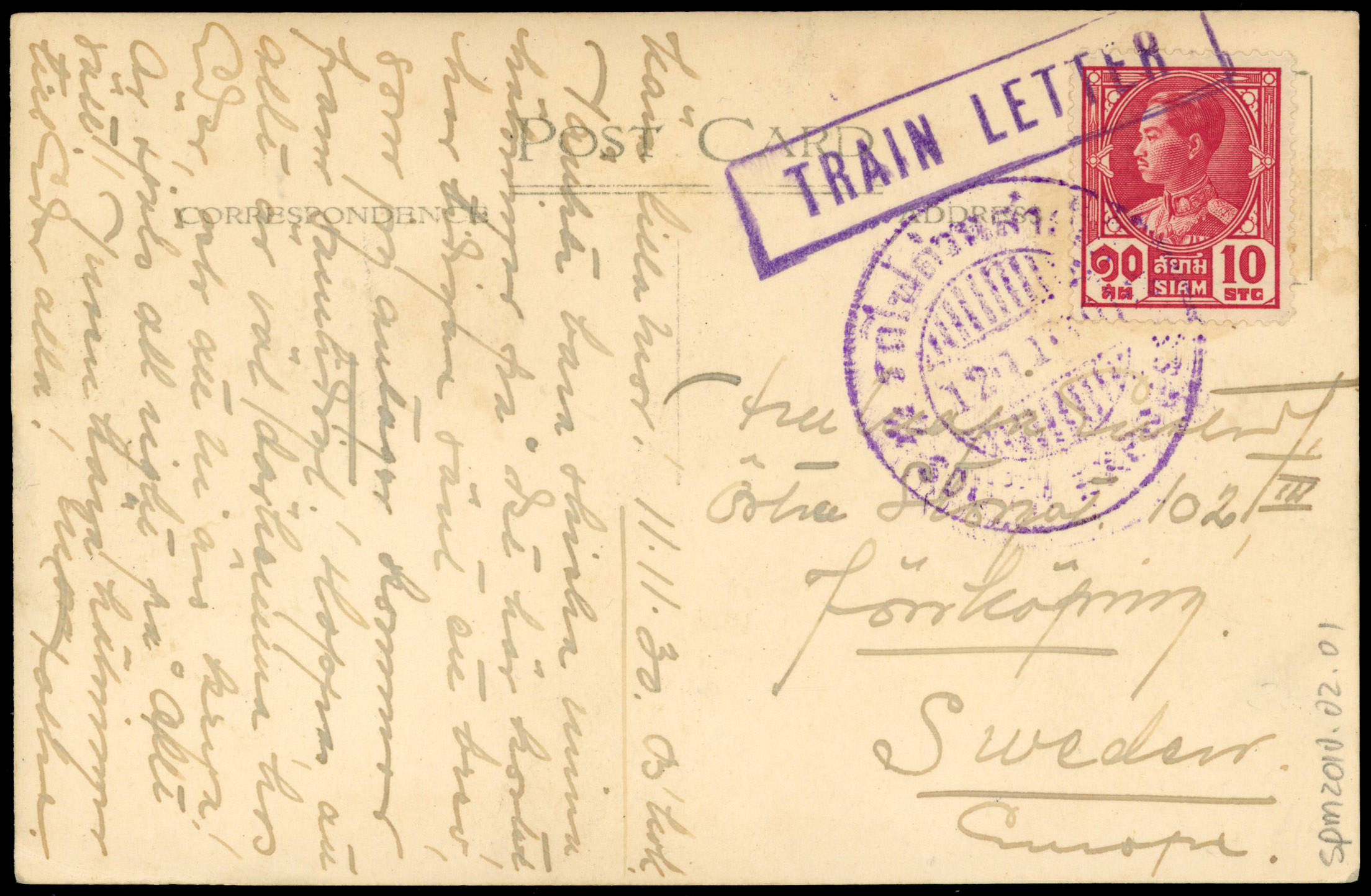 1930 (11 Nov.) photographic postcard from Thailand to Sweden 'TRAIN LETTER' instructional marking