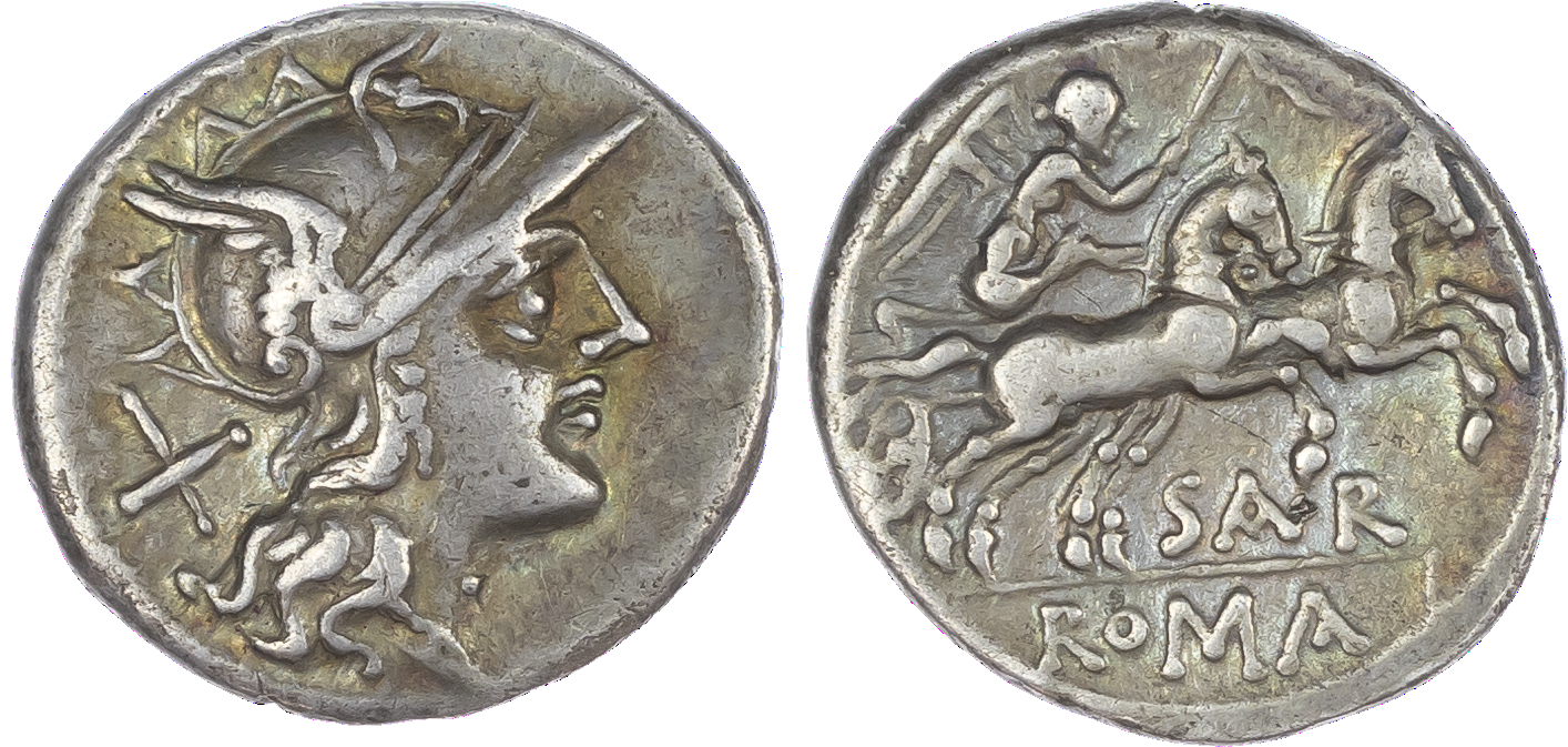 M. Atilius Saranus (148 BC) AR Denarius, Rome, 3.78g. Helmeted head of Roma facing right, X (mark of value) behind. Rev.