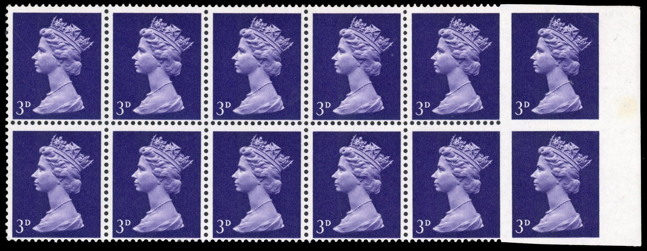 GB 1967 3d Machin mint block of 12 with imperf vertical pair 