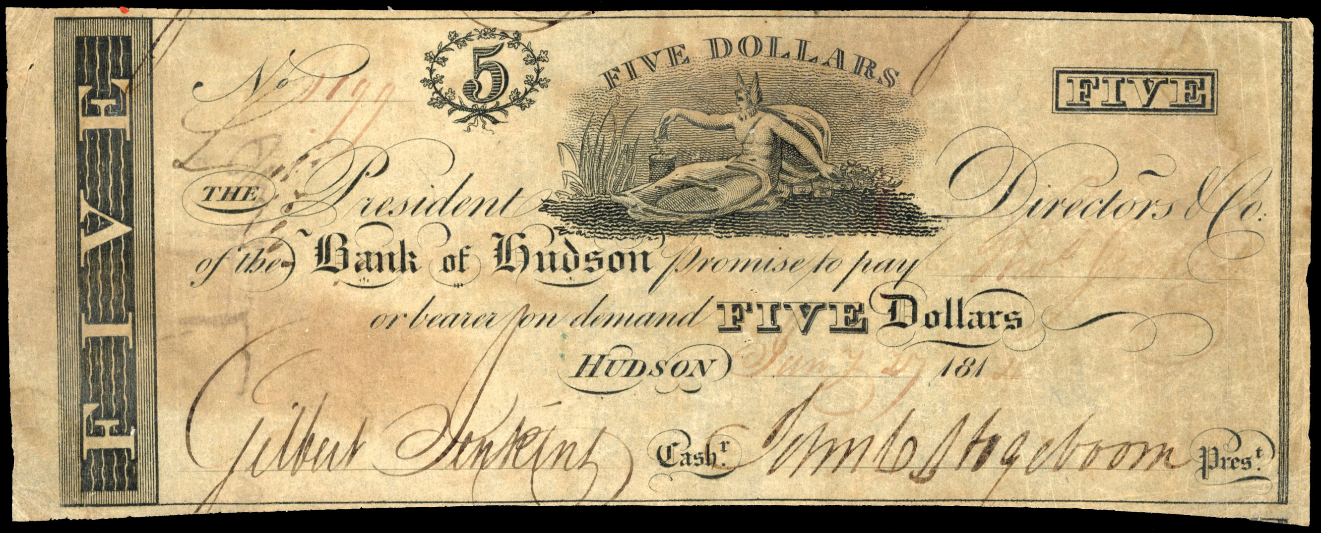 USA, NY. Hudson, Bank of Hudson, Uniface Five Dollars 7 Jun. 1814. Several pinholes, scarce.…