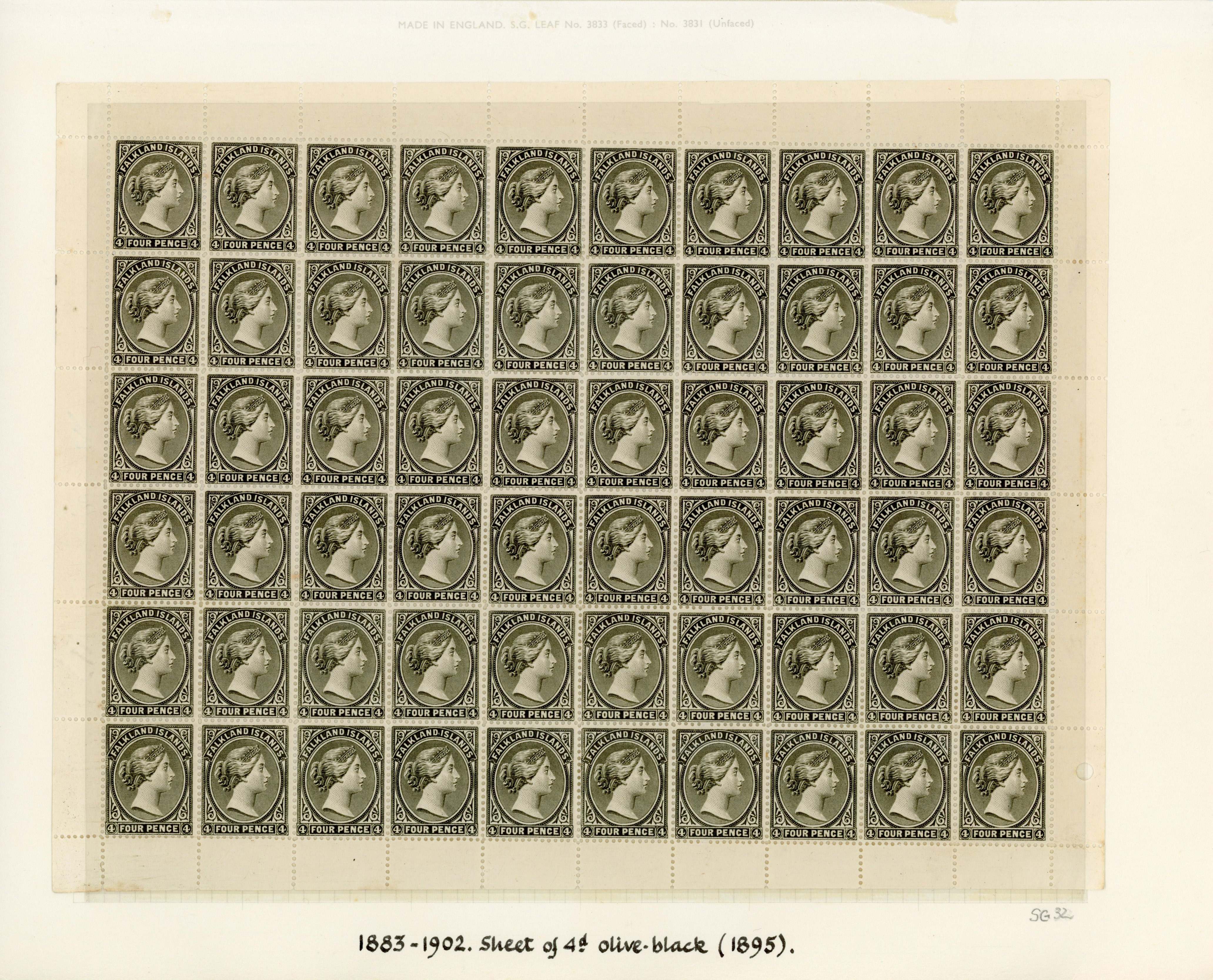 Falkland Islands 1895 SG 32 4d olive-black complete sheet. cat £960+