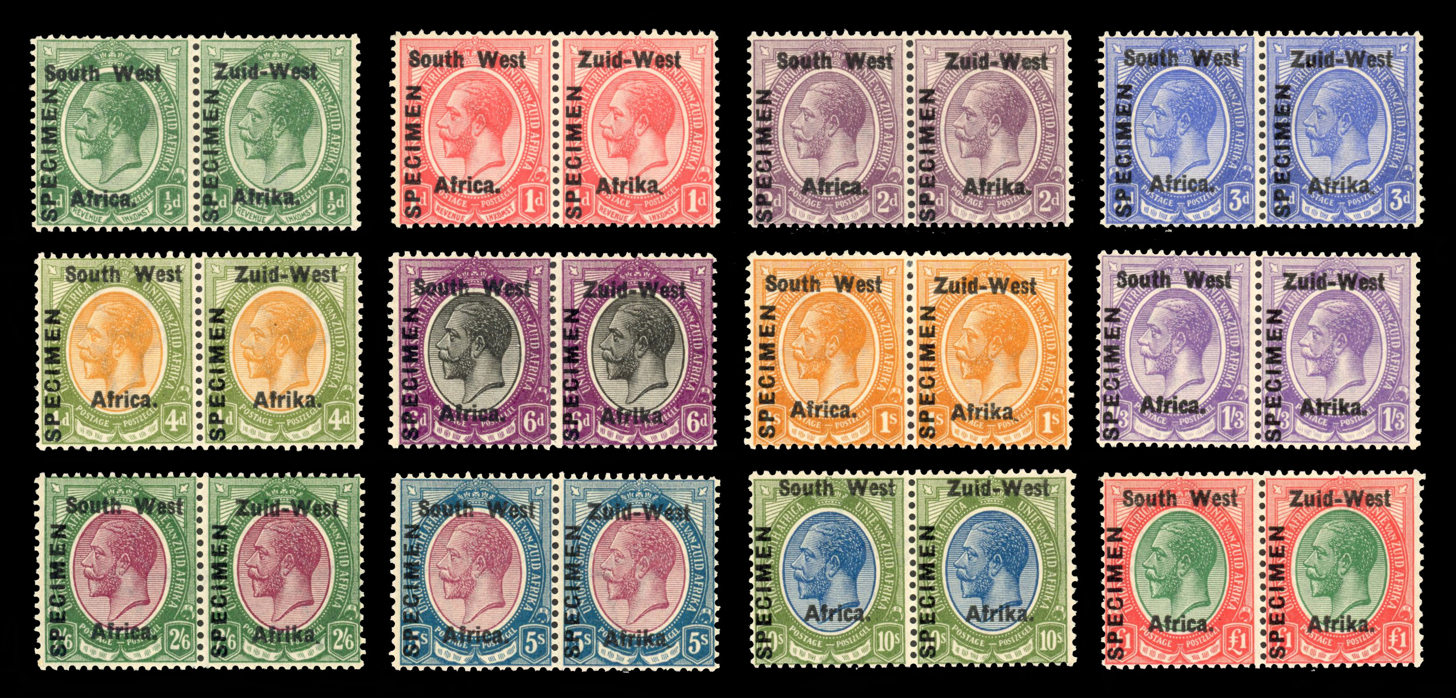South West Africa SG 1s-12s 1923 First Setting pairs Specimen