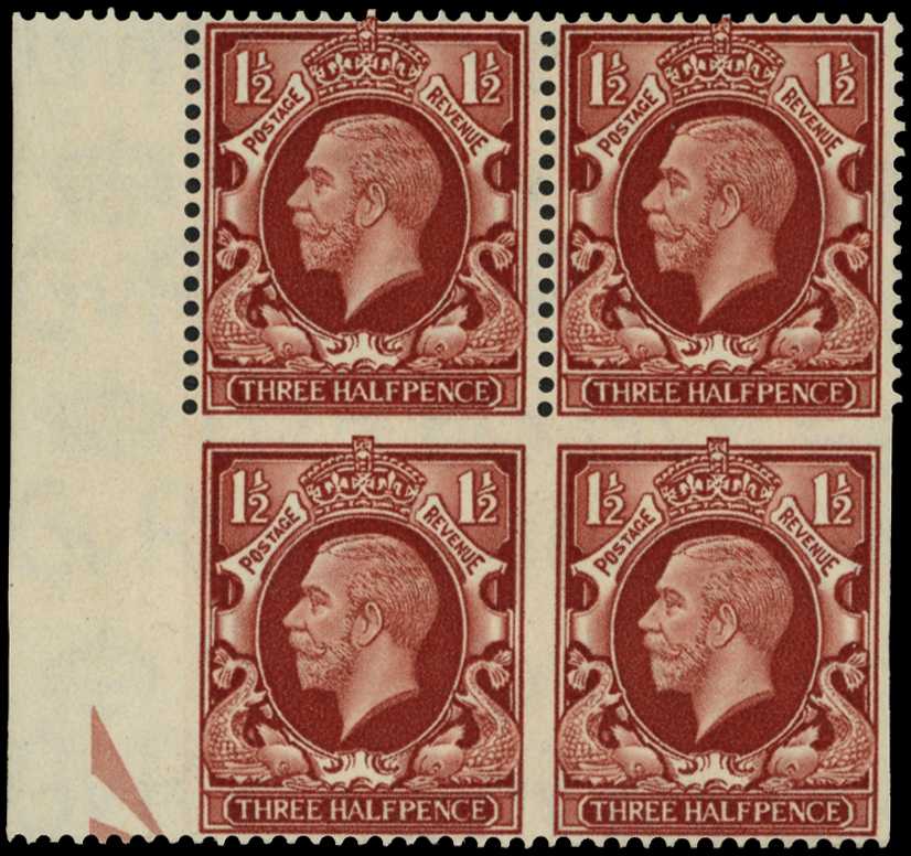 1934 1½d red-brown left marginal block of...