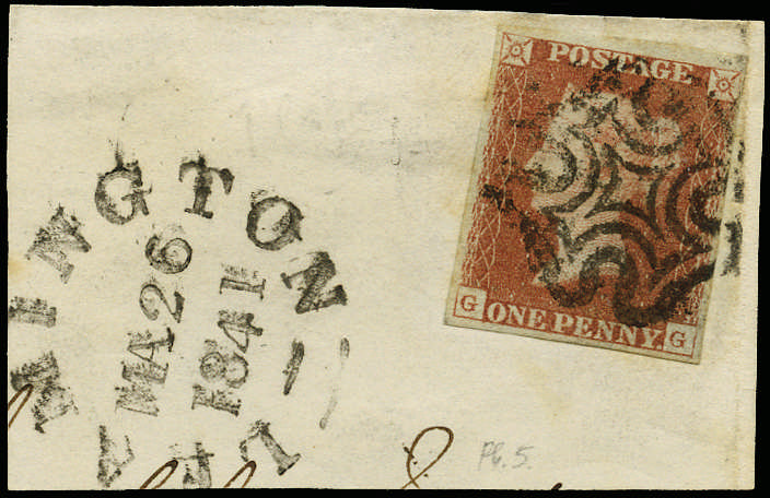 SG7 1841 1d Red brown Pl.5 (GG) vfu Leamington MC