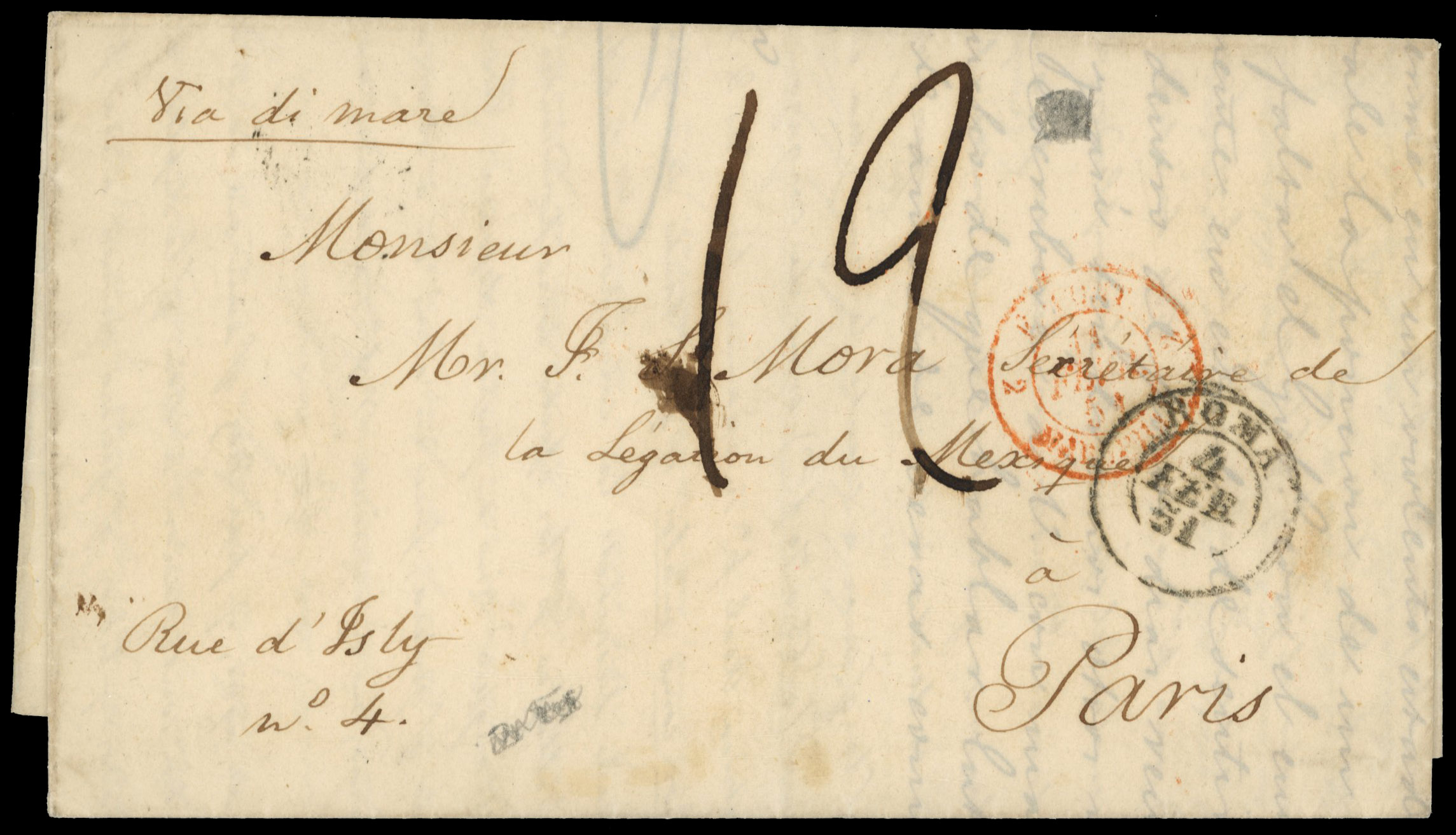 Mexico 1851 entire from Rome to the Mexican Legation in Paris