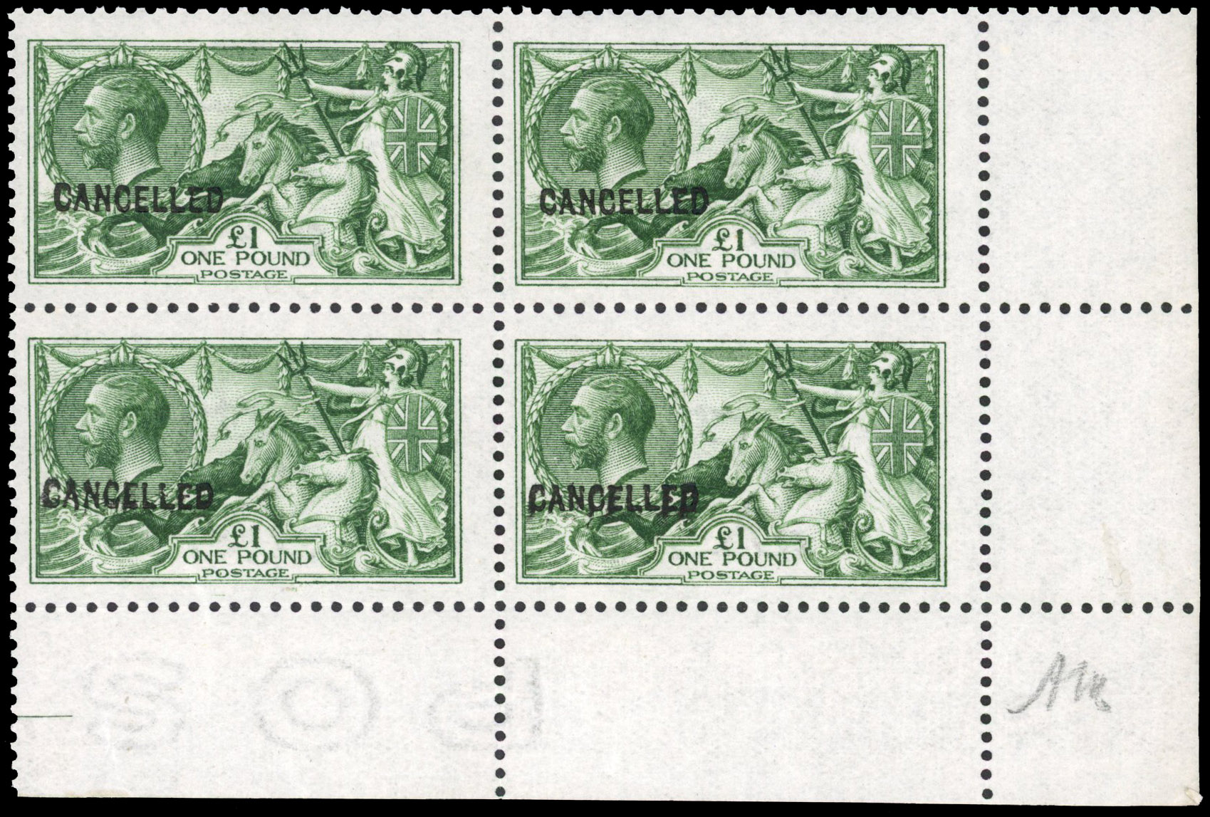1912 Waterlow ‘Seahorse’ £1 colour trial in yellowish green, on Joynson paper, mint, unmounted og