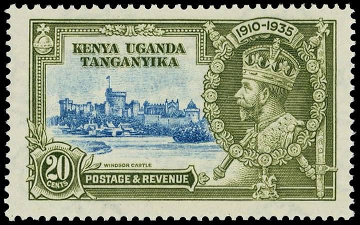 1935 20c light blue and olive-green Silver Jubilee, showing plate 2A, R10/1 or R10/2 diagonal line by turret variety, fine...