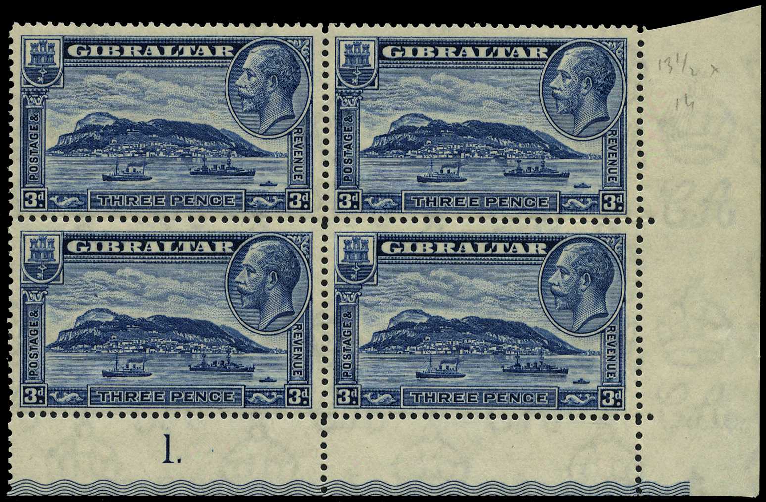 1933 Rock 3d blue perf 13½ x 14 Plate 1 block...