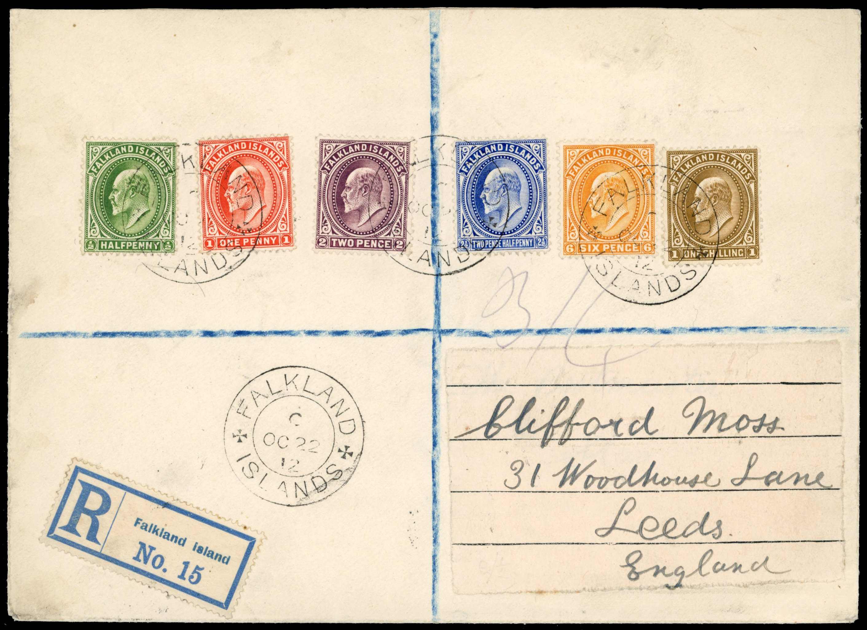 † Falkland Islands 1912 registered cover to Leeds with KEVII ½d - 1s