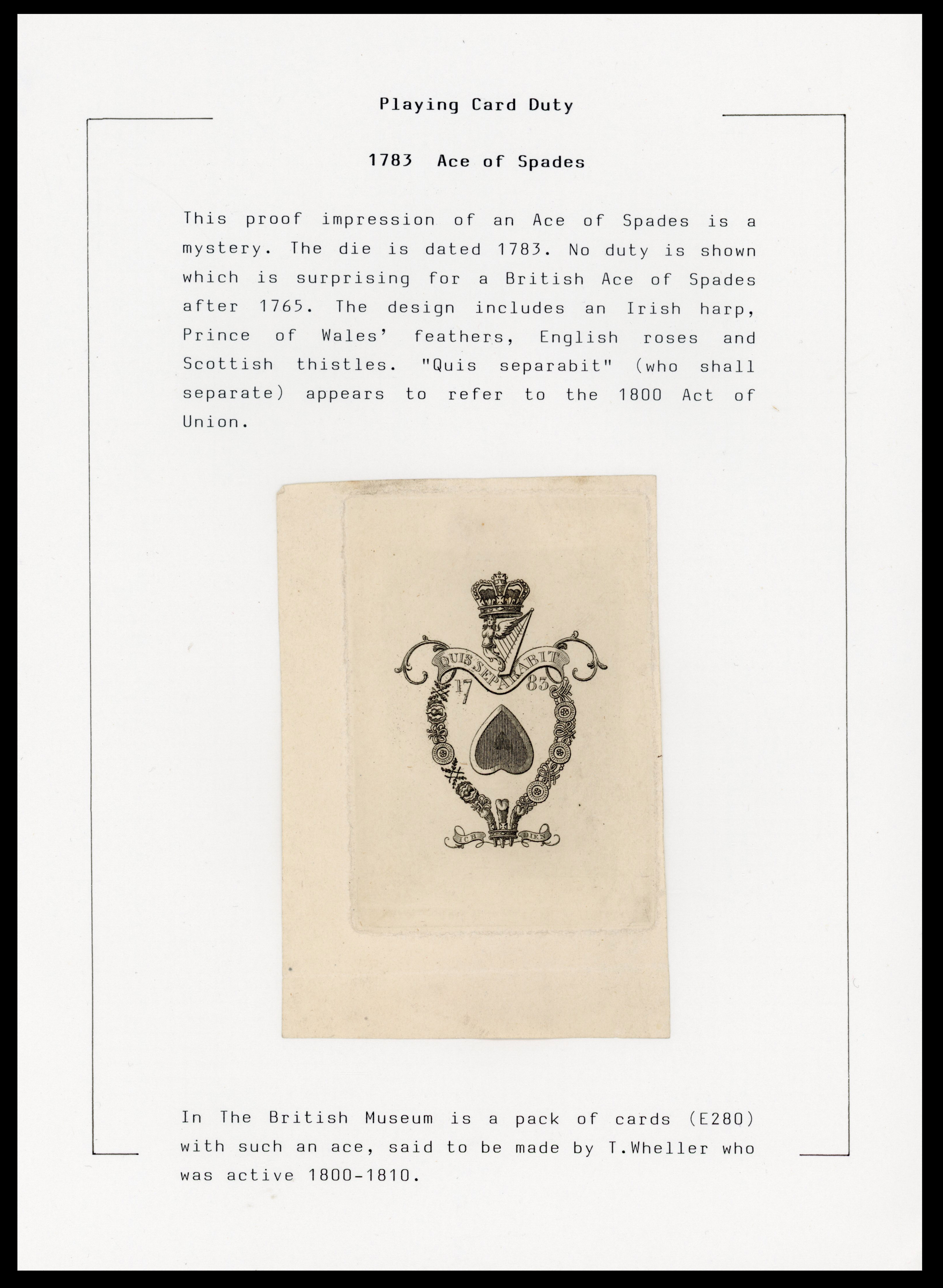 GB Playing Card Duty 1783 Ace of Spades for Ireland? T Wheller
