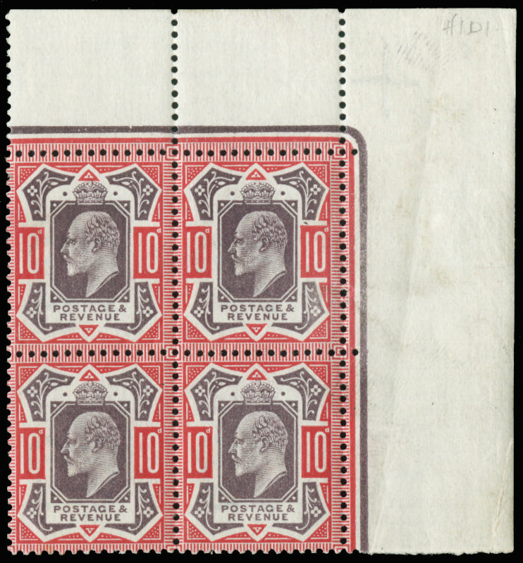 Great Britain 1911 10d Dull purple and carmine (O). Very fine unmounted o.g. top right hand corner block of four p…
