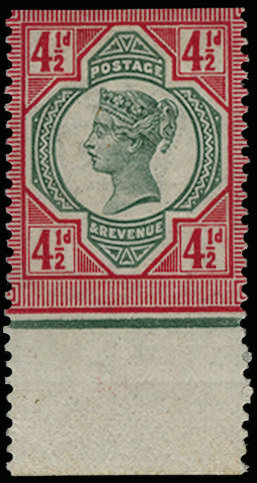 Great Britain 1892 4½d "Jubilee" Colour Trial (Line Perf 14). Very fine bottom marginal partially perforated colou…