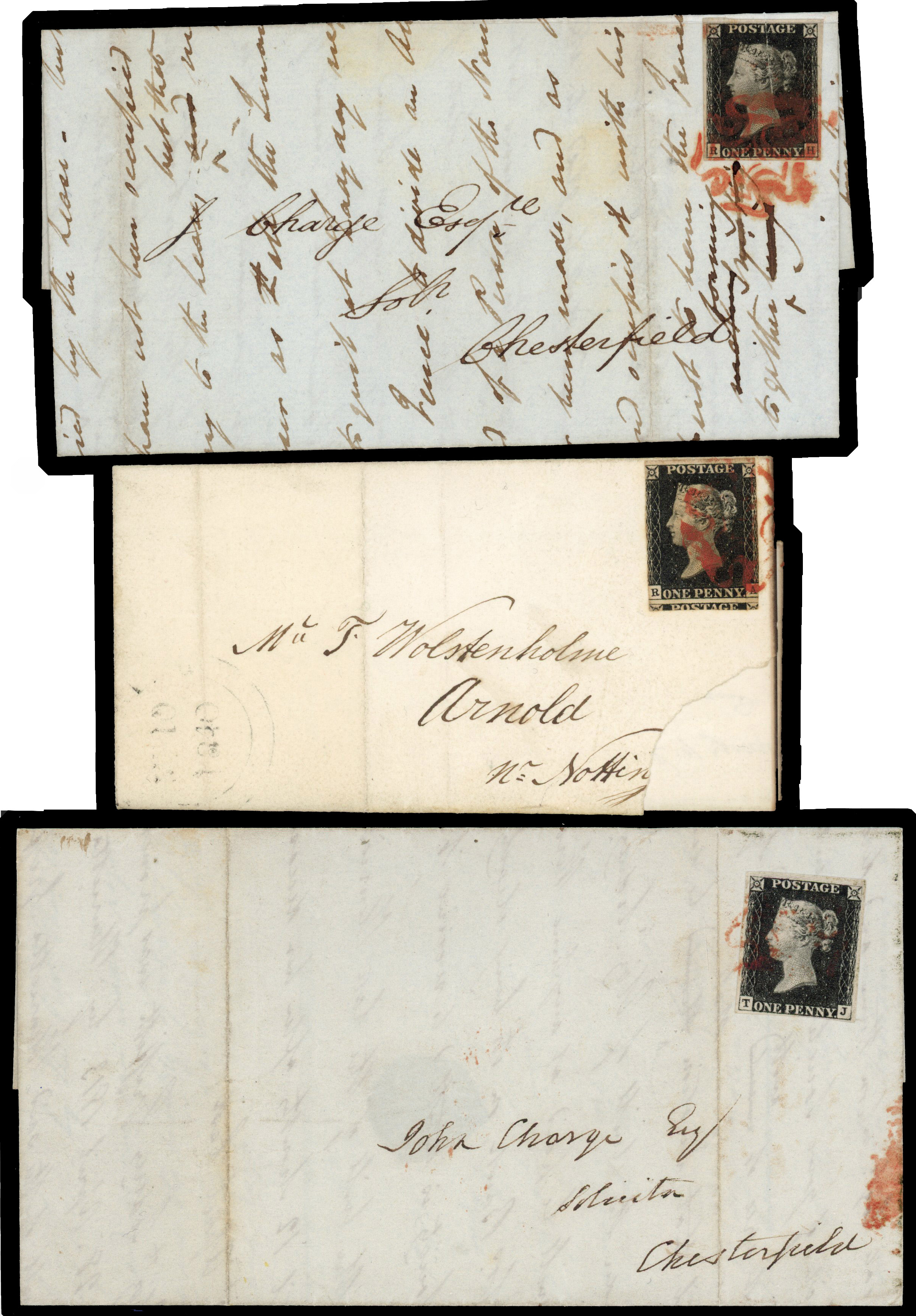 1840 1d black unplated selection of six entires/entire letters all cancelled by red Maltese Cross