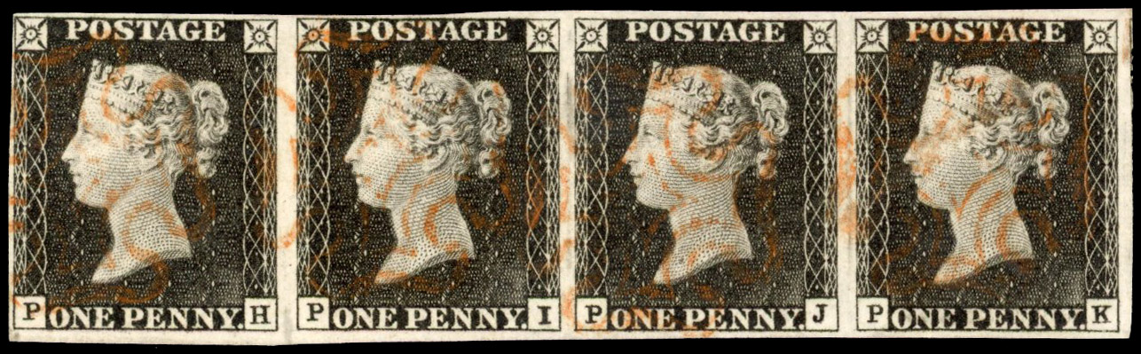 GB 1d black used strip of four SG 3
