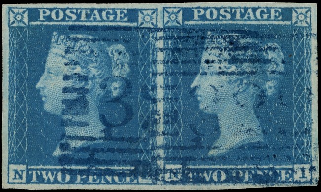 GB: 1840 2d blue plate 3, four margin horizontal pair (NH-NI) neatly cancelled by blue Tongue “328”...