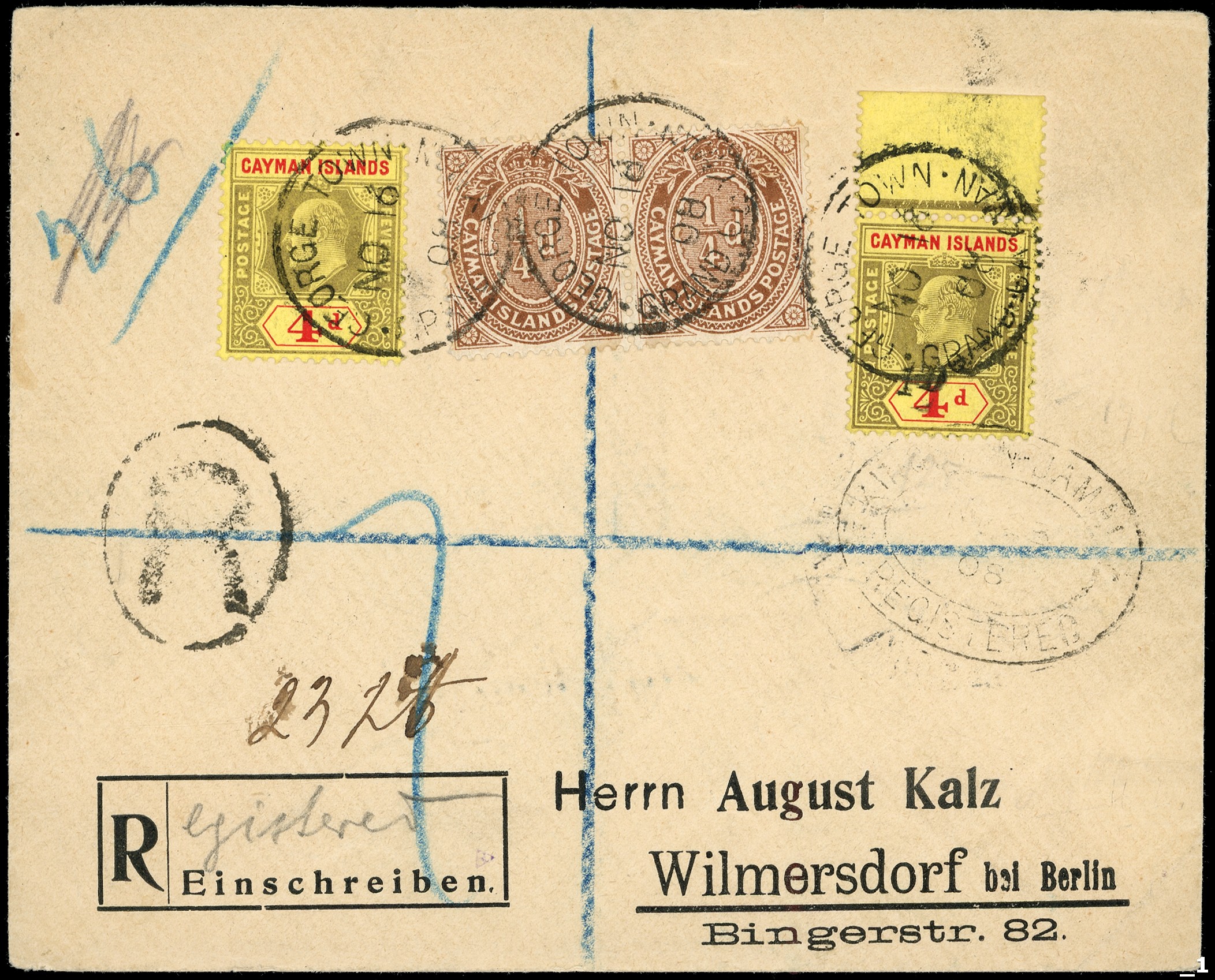 Caymans 1908 1d on 4d 'Revenue' on...