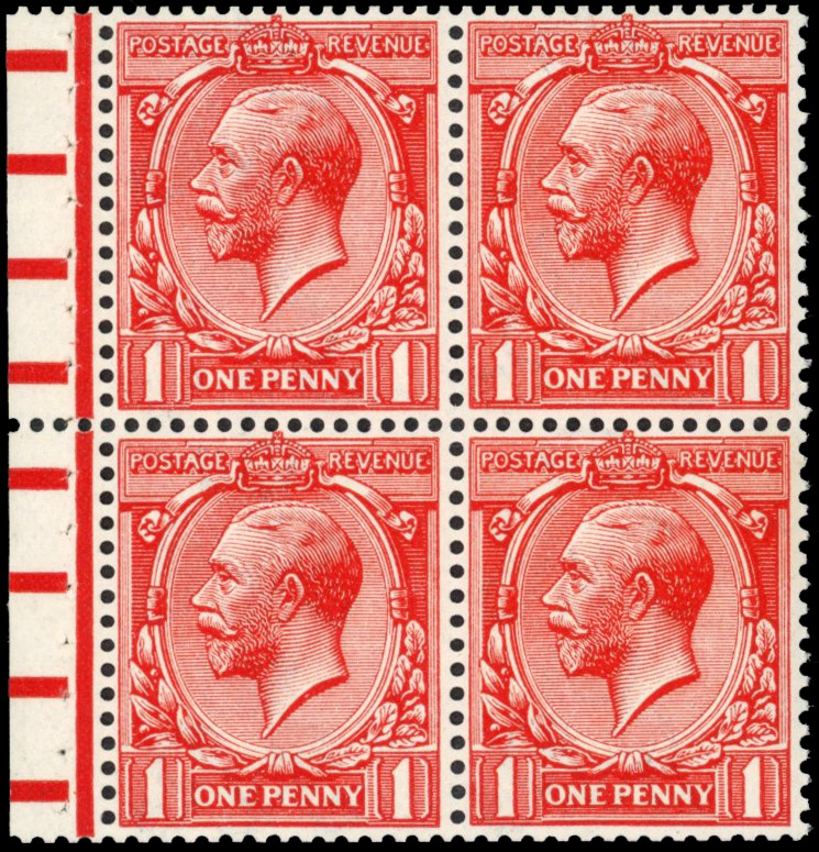 GB: 1912-24 1d deep bright brick-red, mint ex-booklet pane marginal block of four