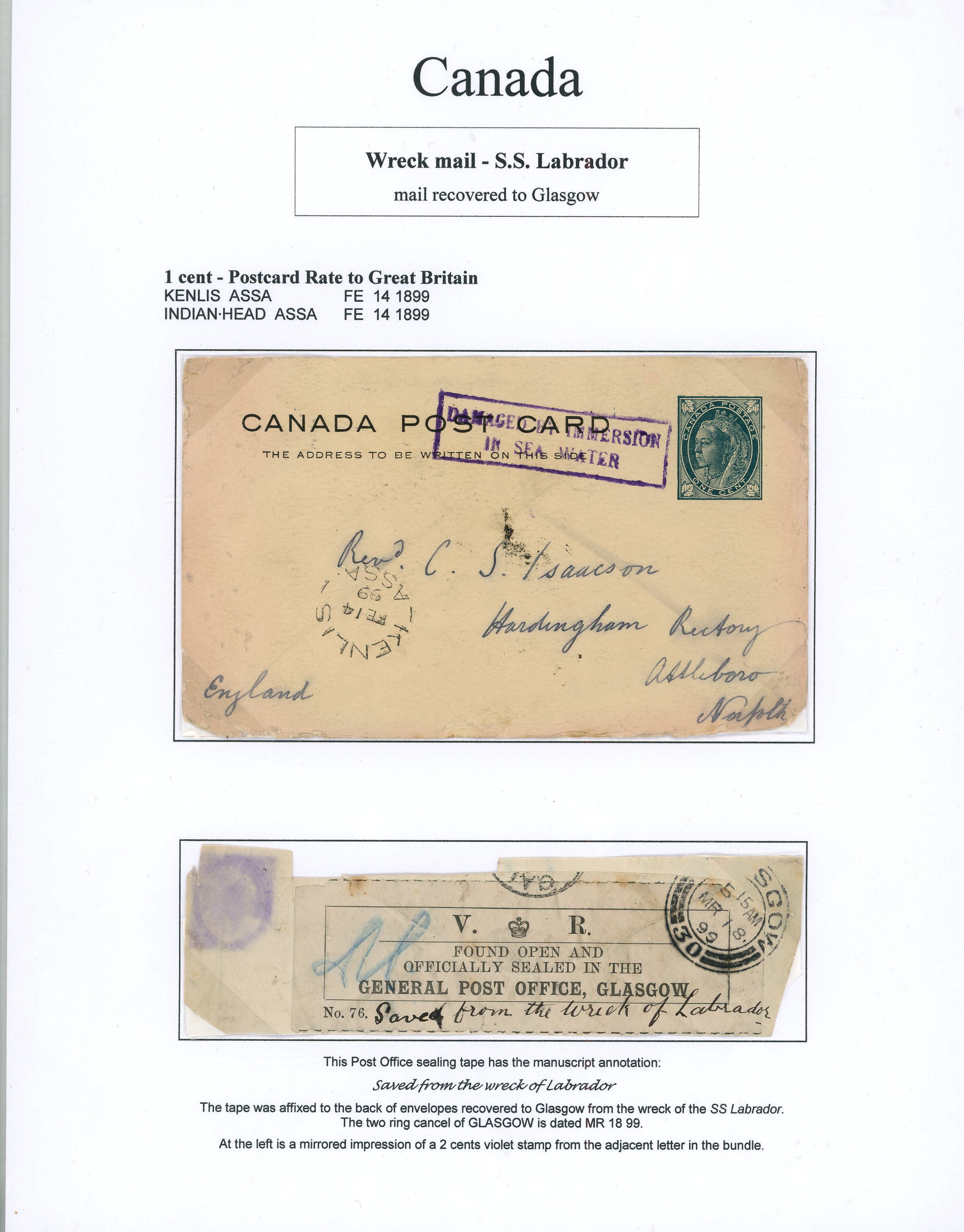 Newfoundland 1899 Wreck mail salvaged from SS Labrador...