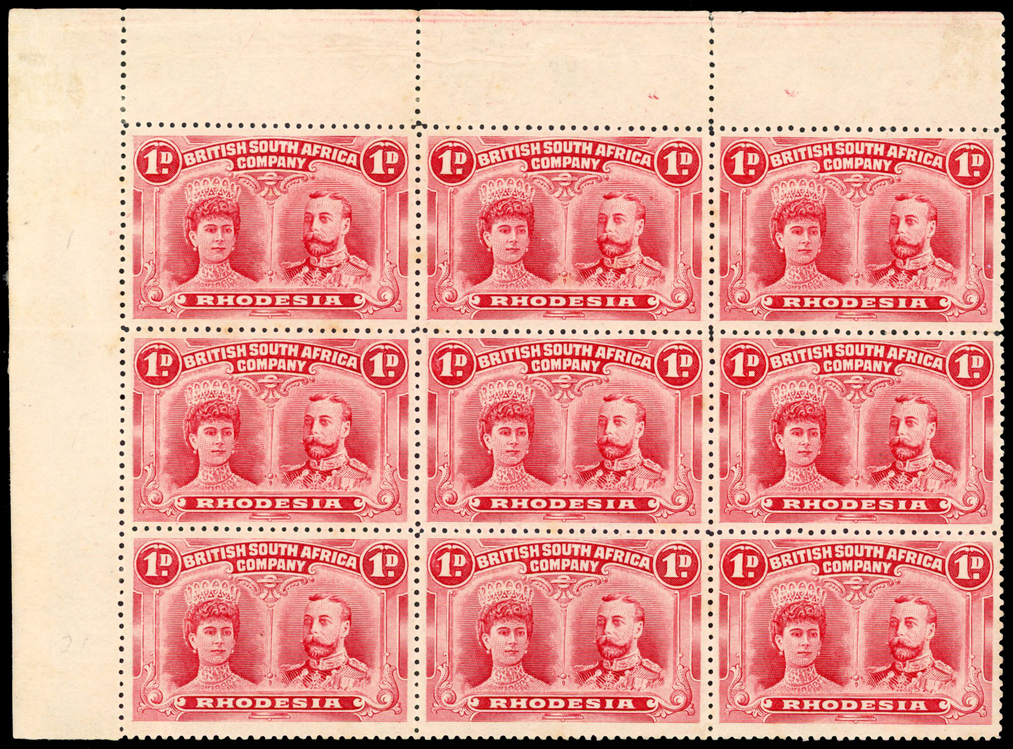Rhodesia 1910-13 1d carmine-red perf 14 block of 9