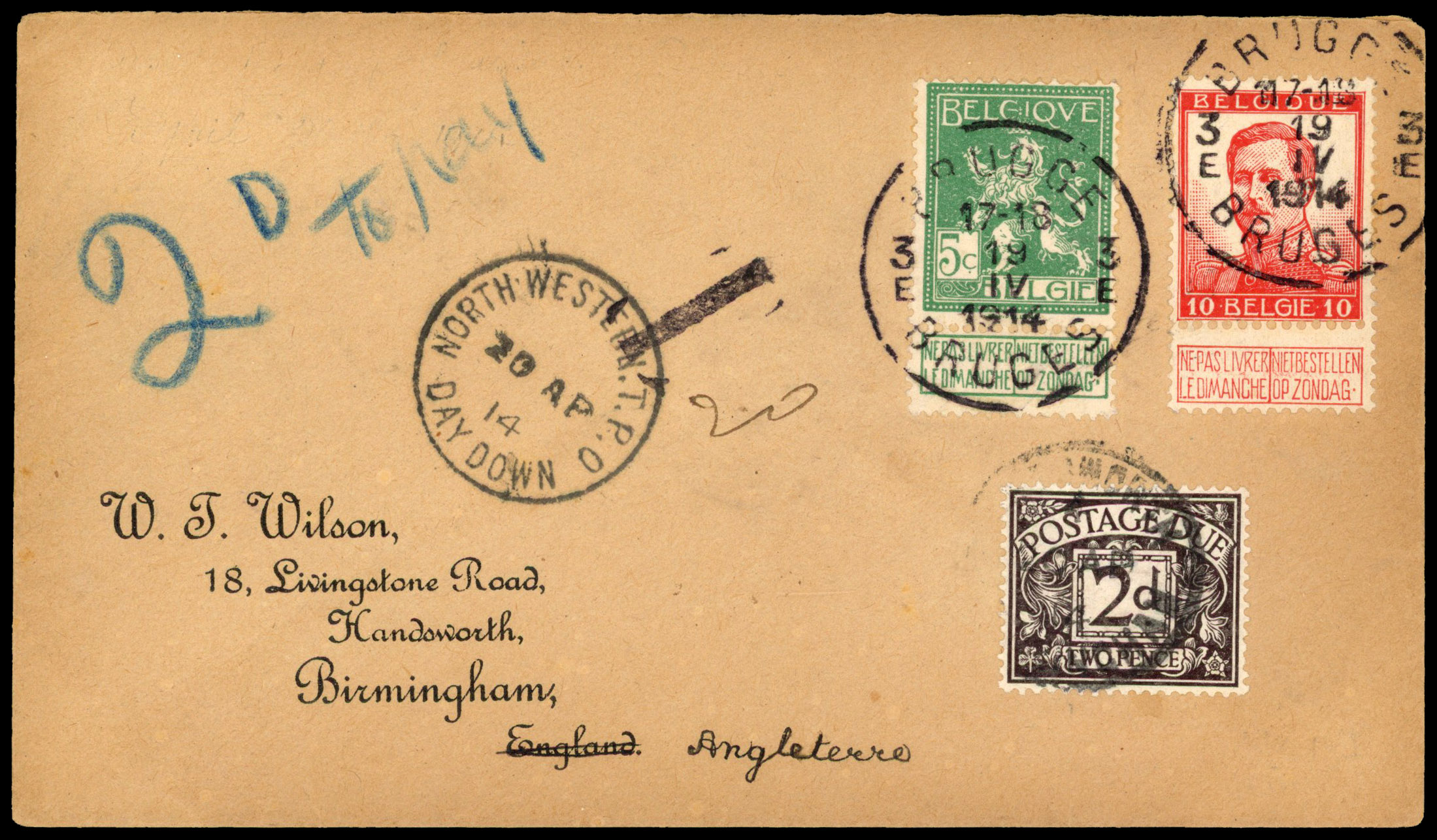 1914 2d Postage Due. Superb 'W T Wilson' cover sent from Belgium