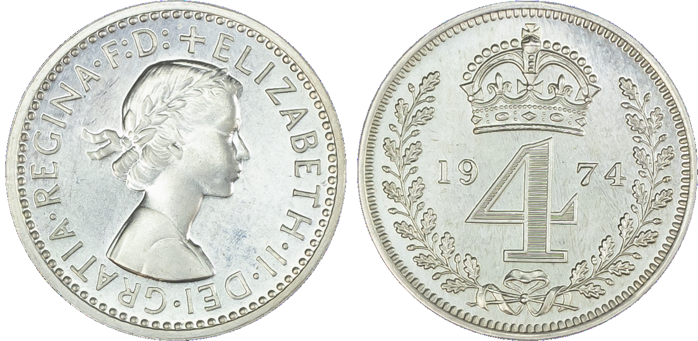 Elizabeth II (1952-2022), Maundy set, 1974, young laureate head of Queen right, legend and beaded border surrounding,