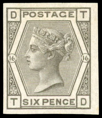 1875 6d grey, plate 16, imperforate imprimatur (TD), fine large part og. SG 147var