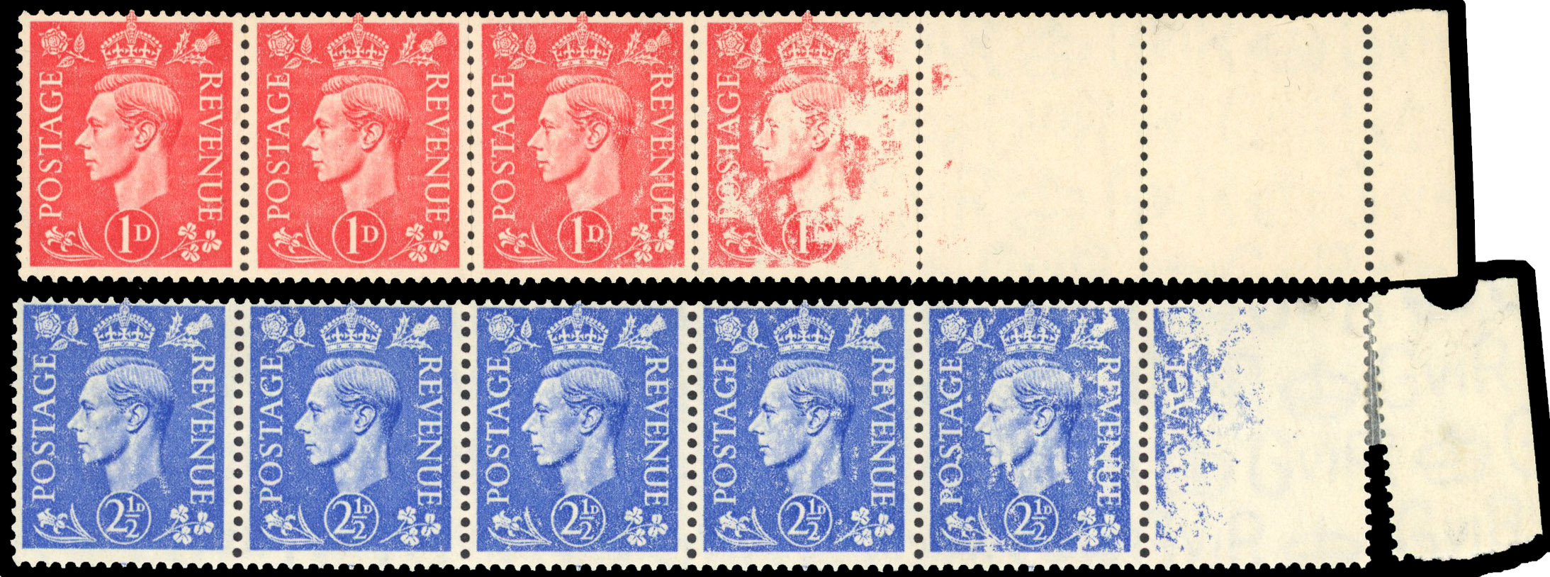 1941-42 Pale Colours, 1d pale scarlet and 2½d light ultramarine, both strips of six showing dry print