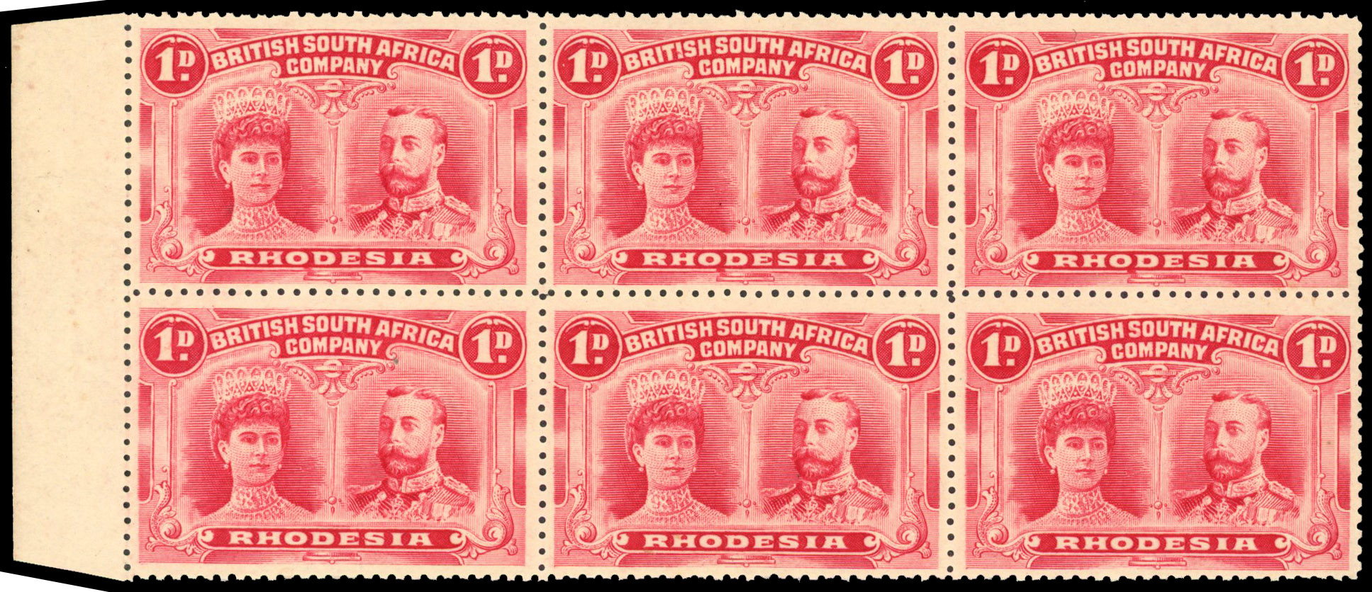 Rhodesia 1910-13 1d bright carmine perf 14 block of 6 unmounted