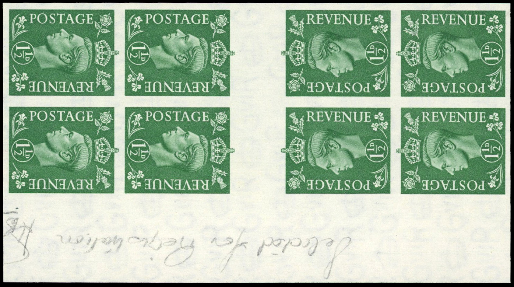 Great Britain 1950 1½d Pale Green, Vertical Tête-bêche Pair, BPMA Imprimatur, SG 505
