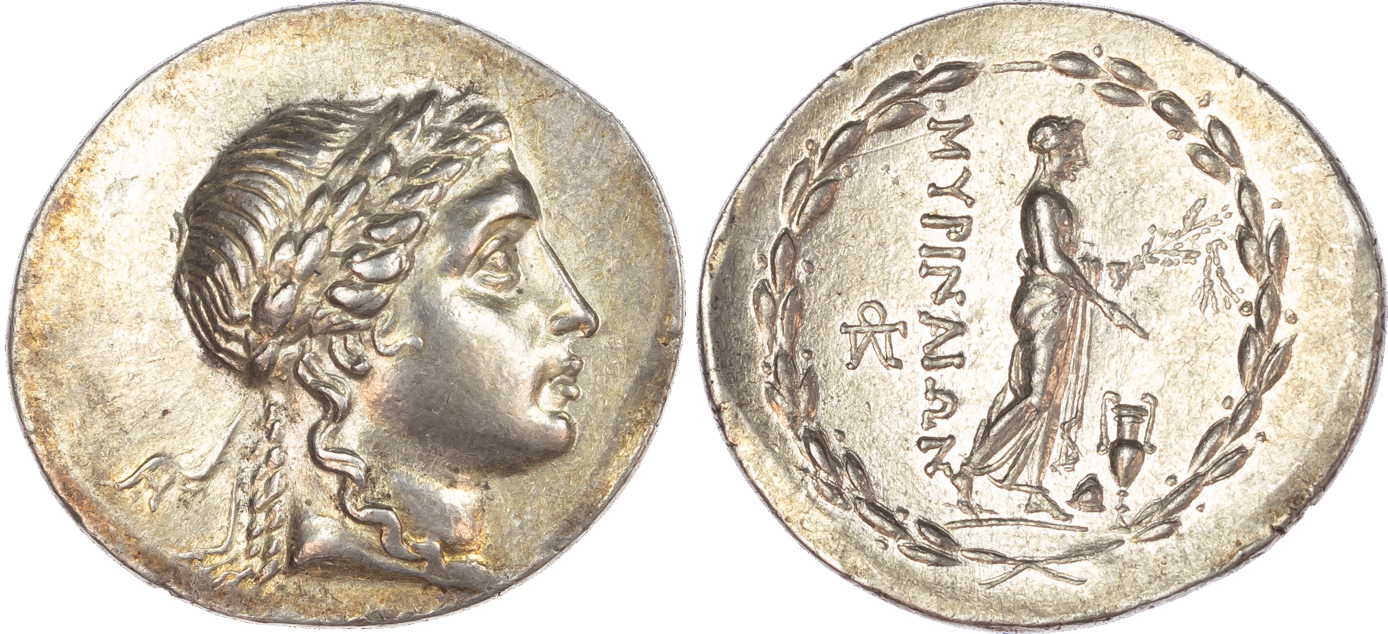 Aeolis, Myrina (c. 155-145 BC) AR Tetradrachm, Stephanophoric type, 16.88g. Laureate head of Apollo facing right. Rev.