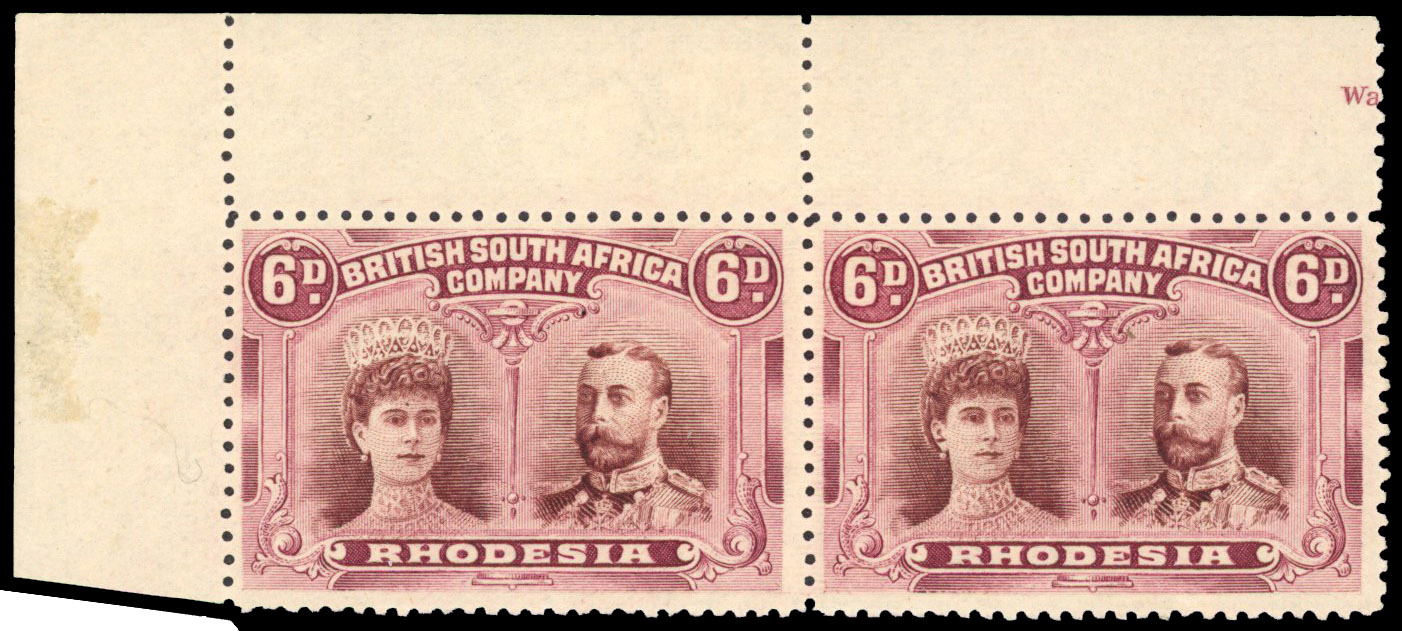 SG 144 6d brown-purple and deep claret corner pair, #2 Long Gash in queen's ear