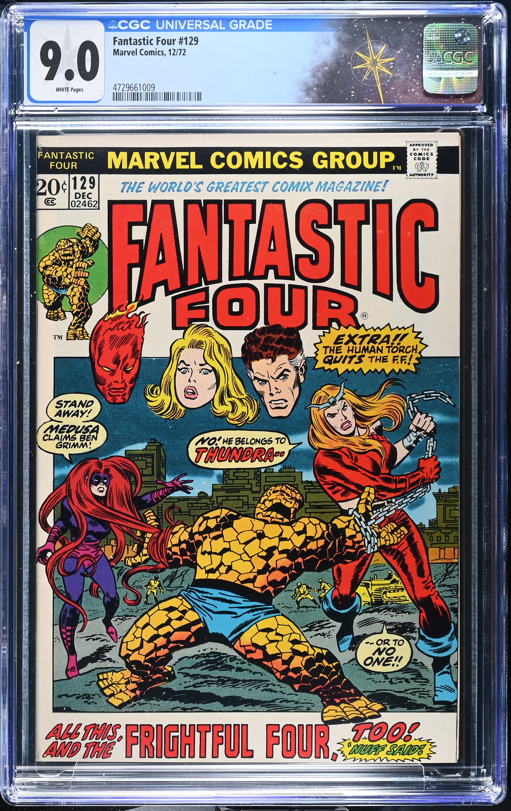 Fantastic Four #129 CGC 9.0 1st Appearance of Thundra (Marvel Comics, 1972) White Pages