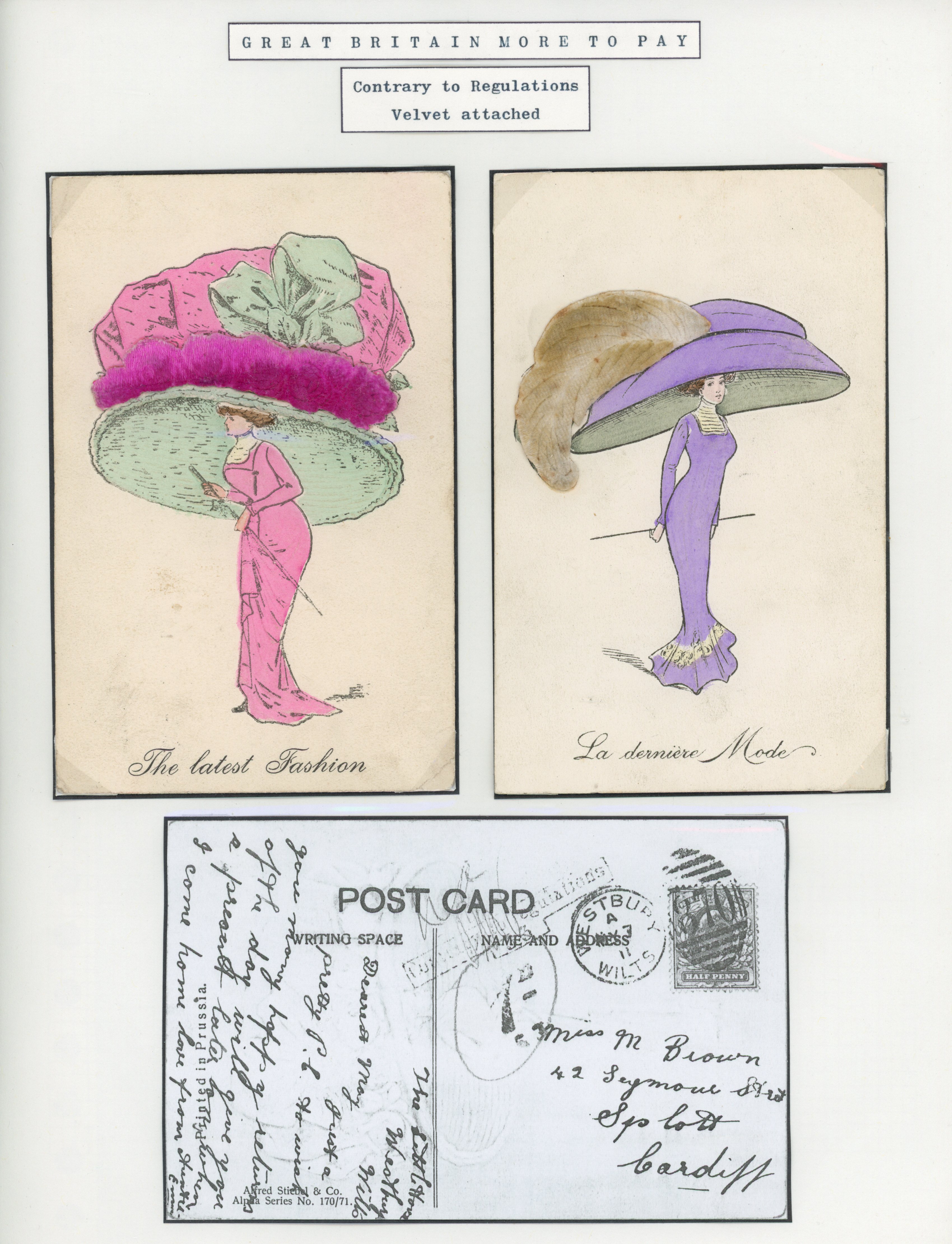 Great Britain 1911 pair of novelty postcards with velvet attached