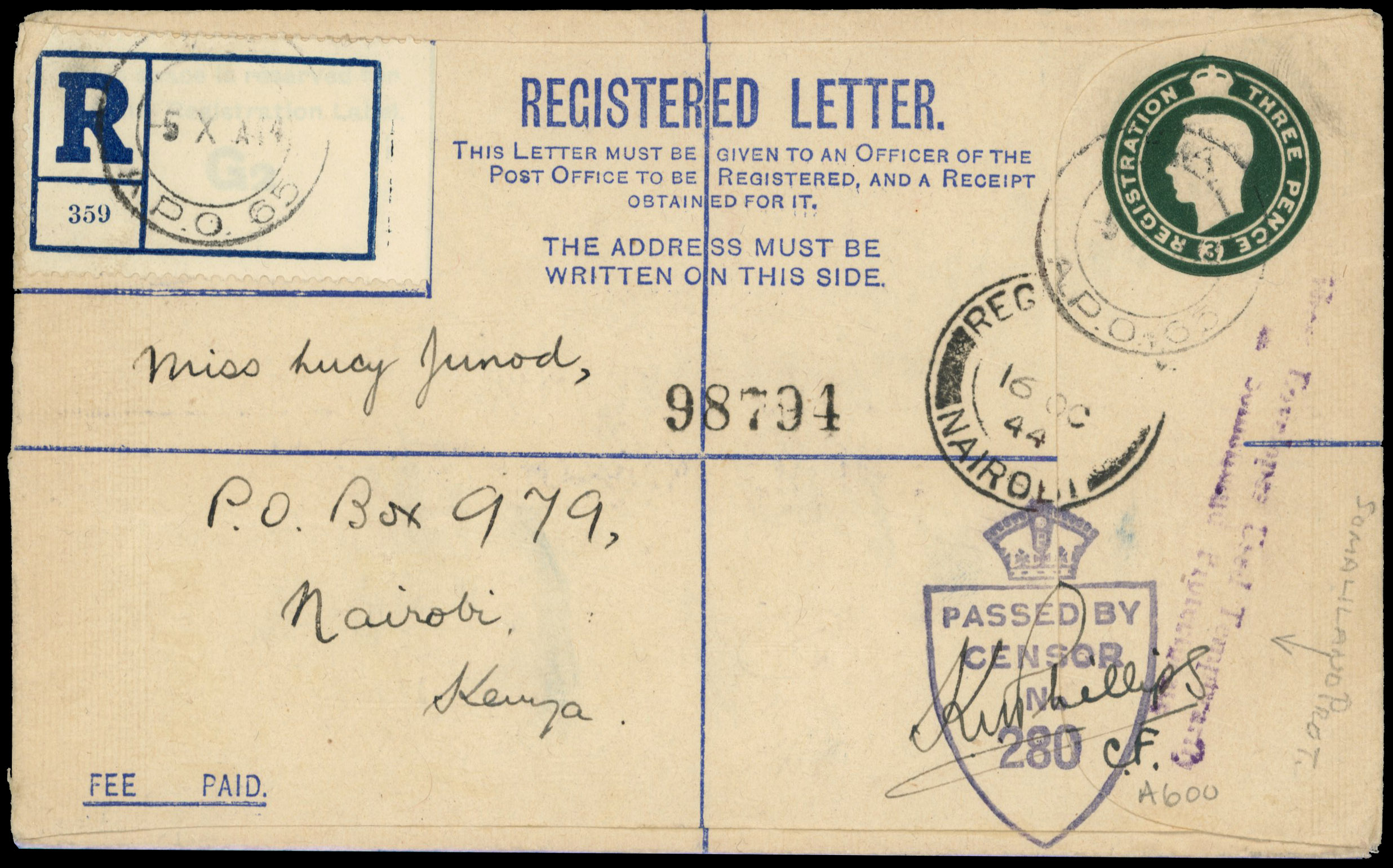 Somaliland 1944 use of GB registered envelope