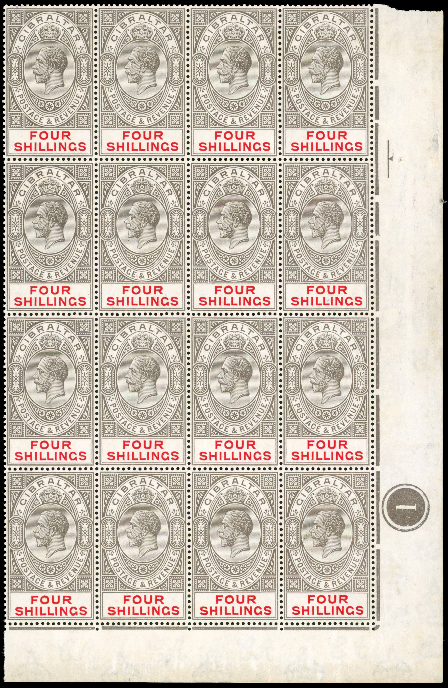 Gibraltar 1921-27 4s black and carmine block of 16