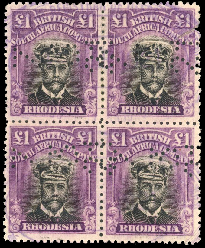 Rhodesia £1 SG 255u block fiscally used