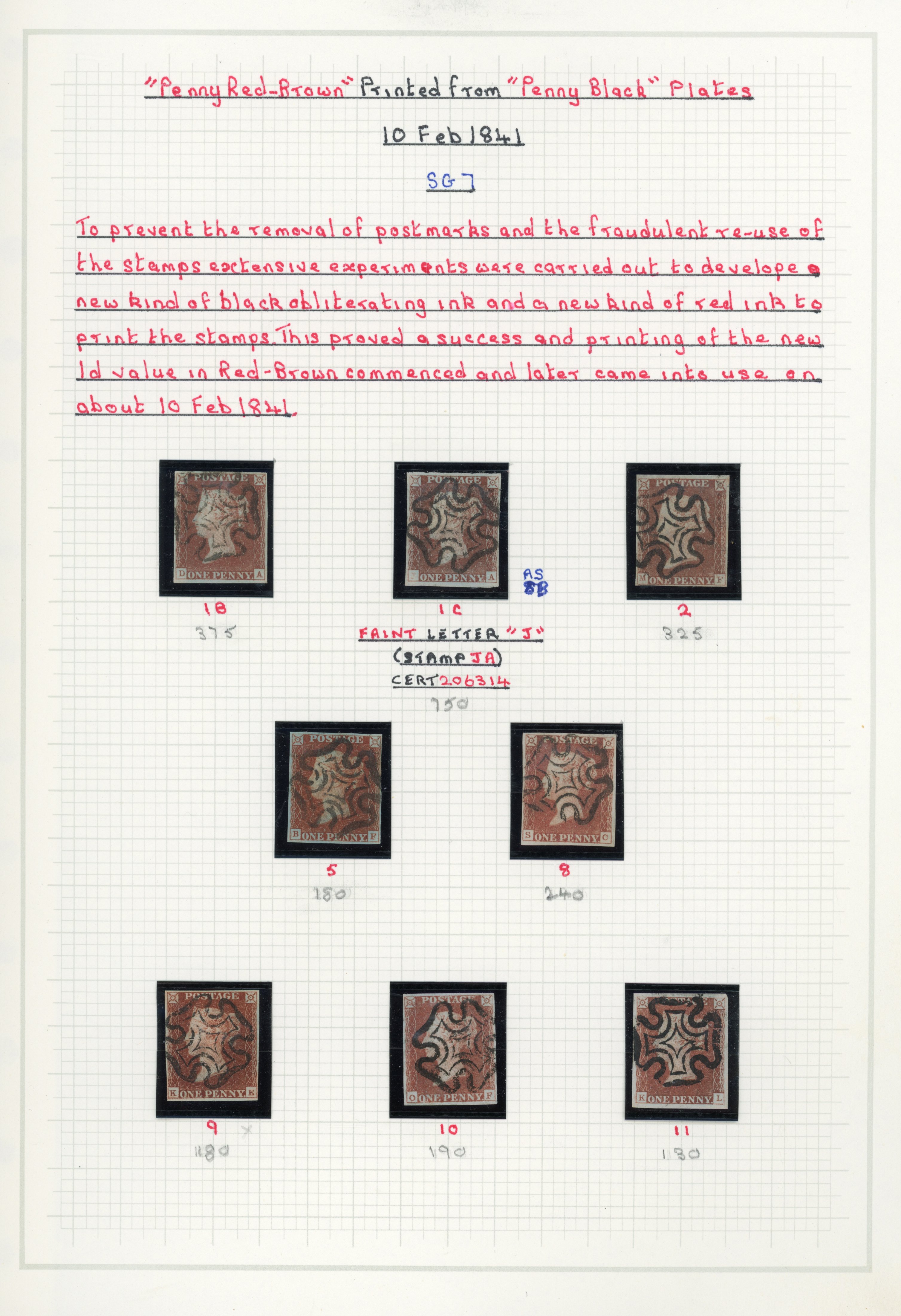 GB 1841 1d red-brown group printed from ‘black’ plates, SG 7