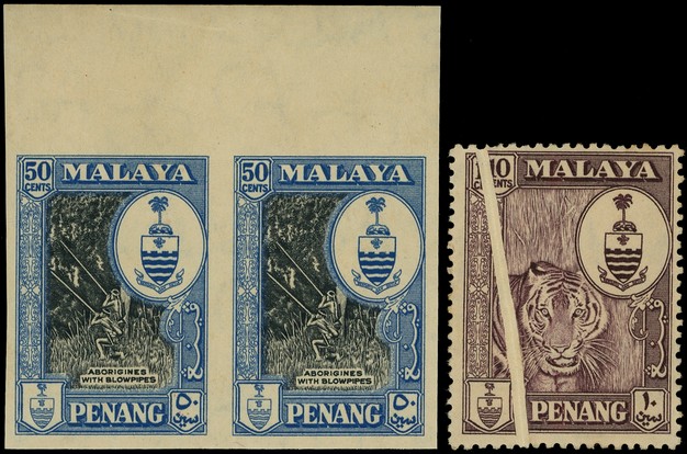 1960 50c black and blue top marginal imperforate pair, unmounted o.g., but sadly somewhat toned.  25 pairs existed.  Also...