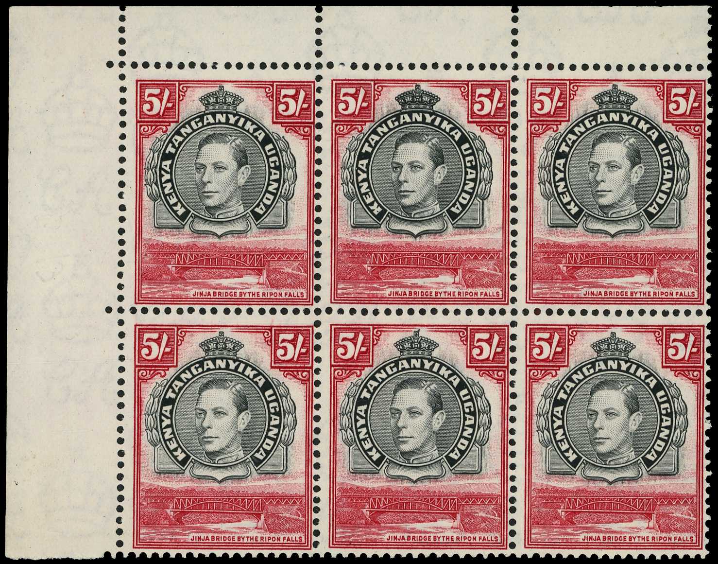 1944-54 5/- black and carmine perf 13¼ x 13¾ corner block of six, o.g., hinged on selvedge and one stamp only. SG 148b,...