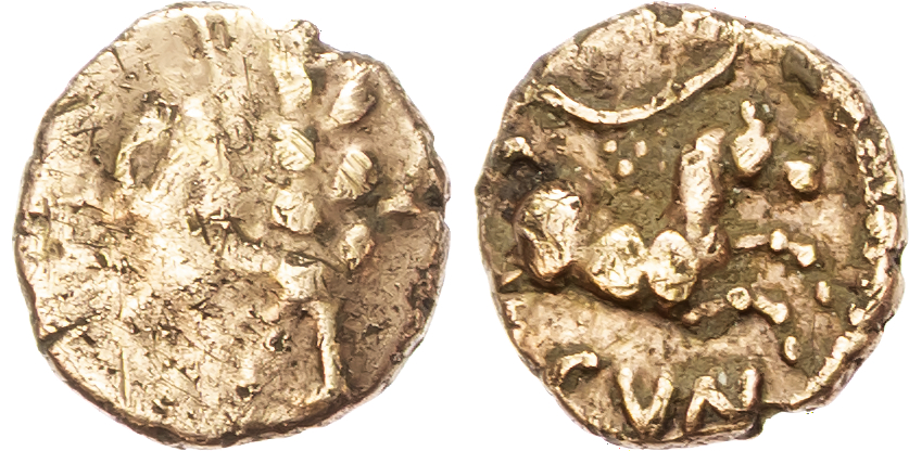Trinovantes and Catuvellauni, Cunobelin (c. AD 10-43), AV Quarter Stater, 'Linear' type. 1.32g. 
