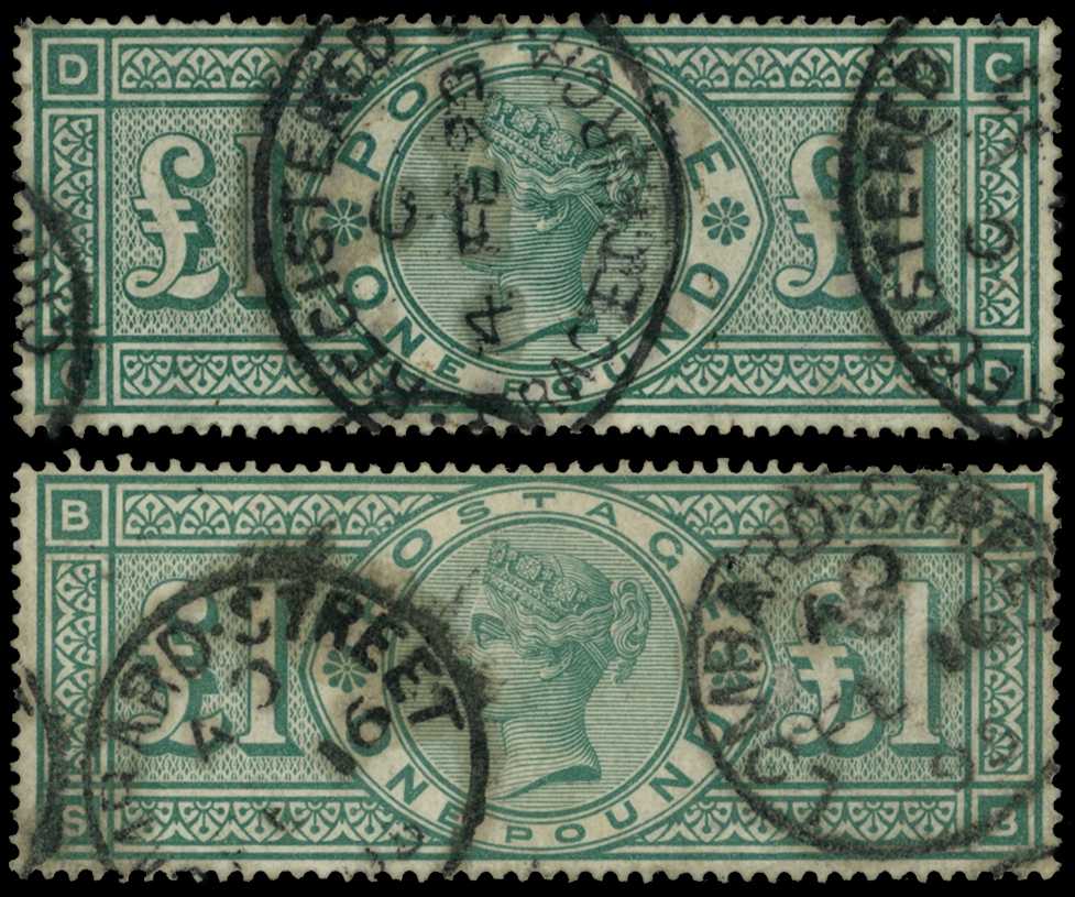 1891 two used £1 QV green, wmk Three...